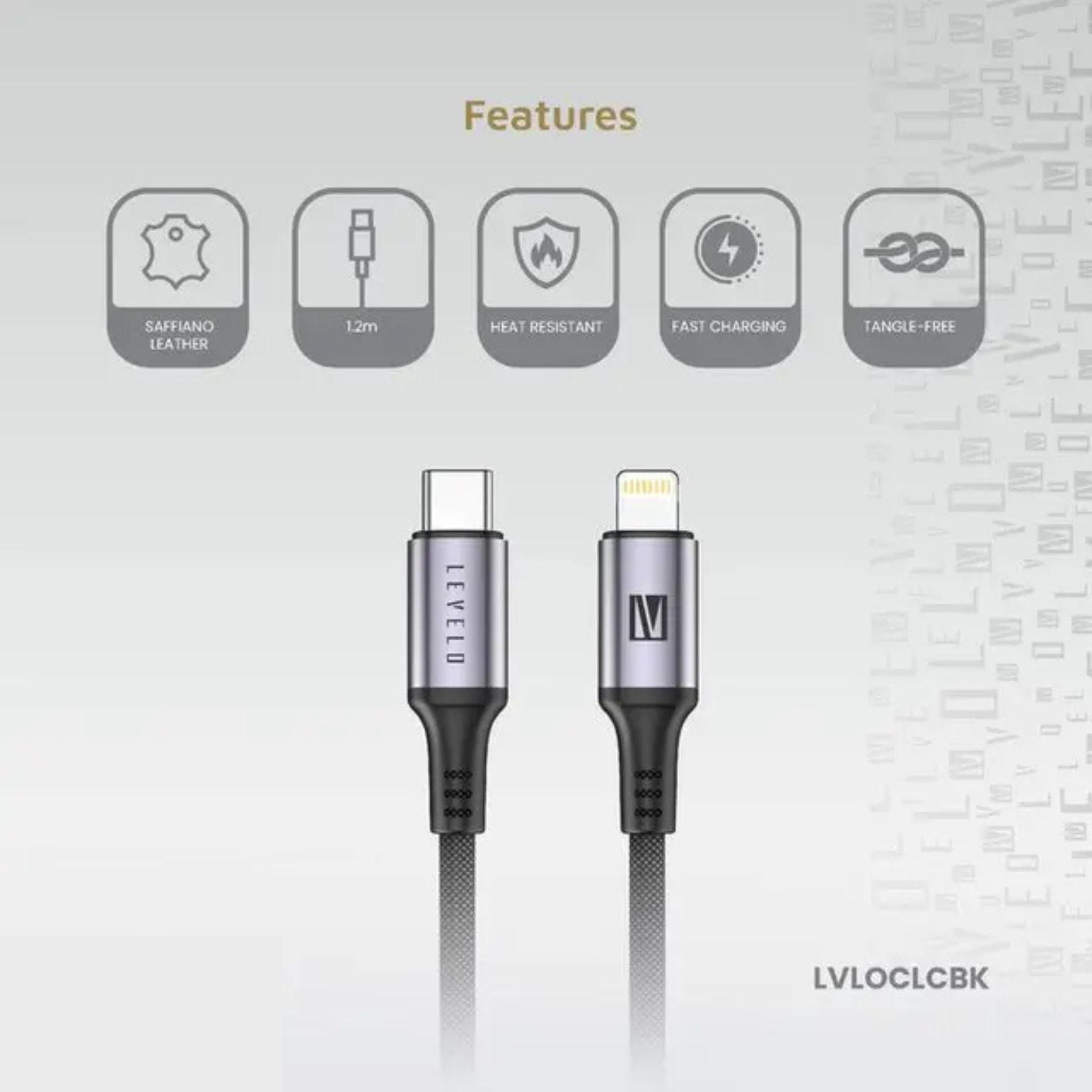 Levelo Otto USB-C to Lightning 30W Leather Cable, Tangle-Free, Fast Charging, Heat Resistant, 1.2m Cable Length - Black