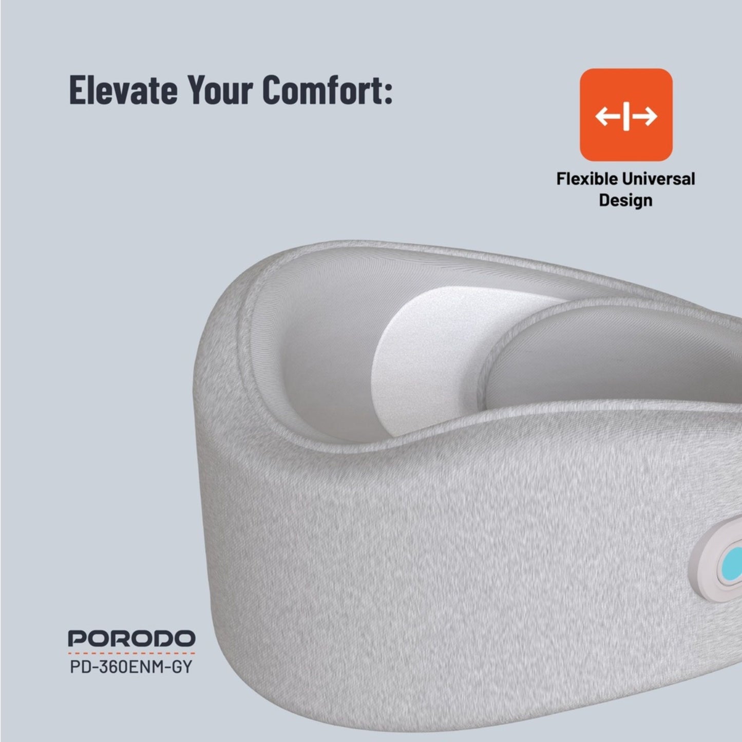 Porodo 360° Neck Massager 850mAh Battery, Personalized Fit, Ergonomic Neck Support, Secure Velcro Closure, Heat Compress Function, Cordless, Lightweight & Portable, Type-C Charging - Gray