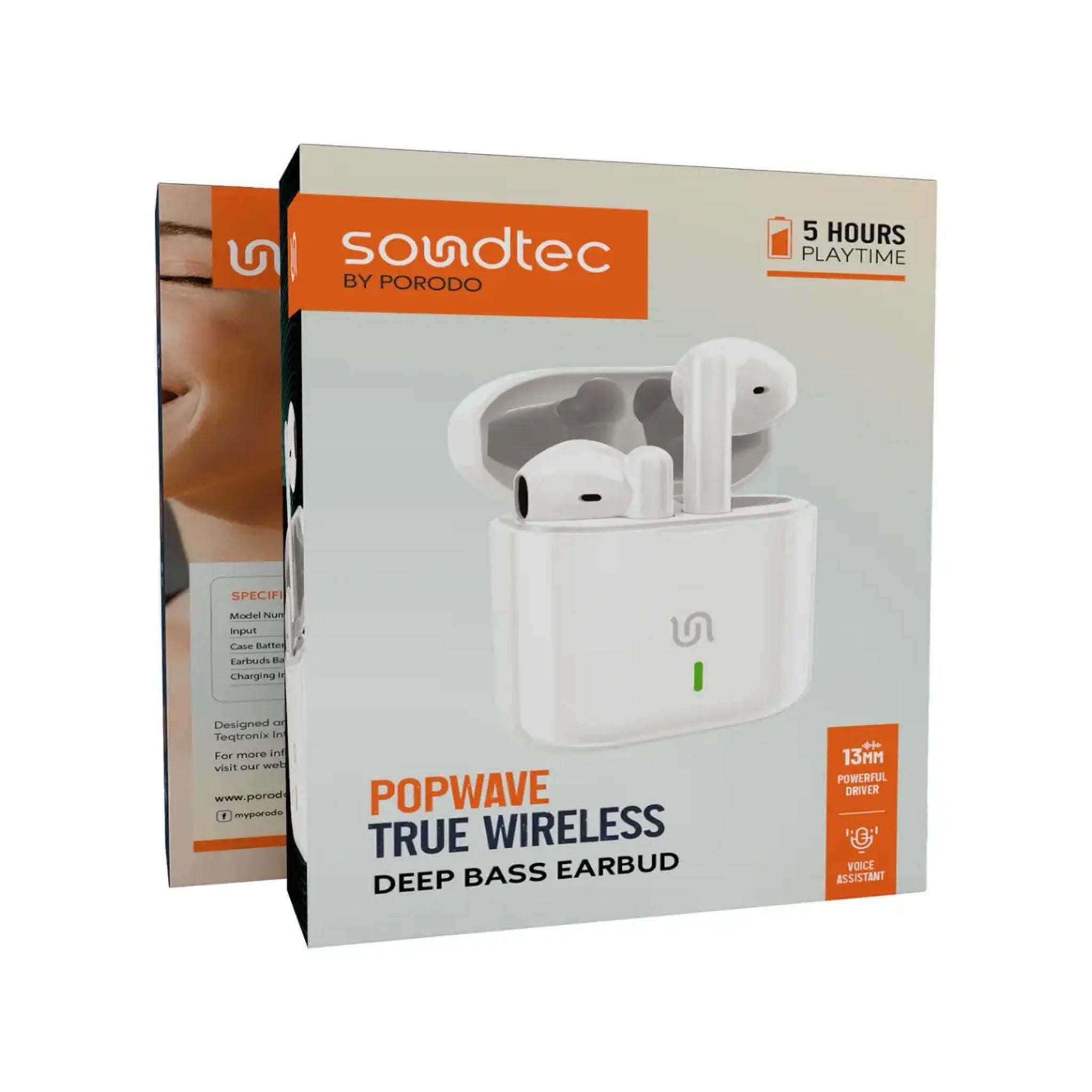 Porodo Soundtec PopWave True Wireless Deep Bass Earbuds with Voice Assistant, 200mAh Charging Case & 25mAh Earbuds Battery, Up to 4 Hours Working Time, 13mm Powerful Driver, Touch Control - White