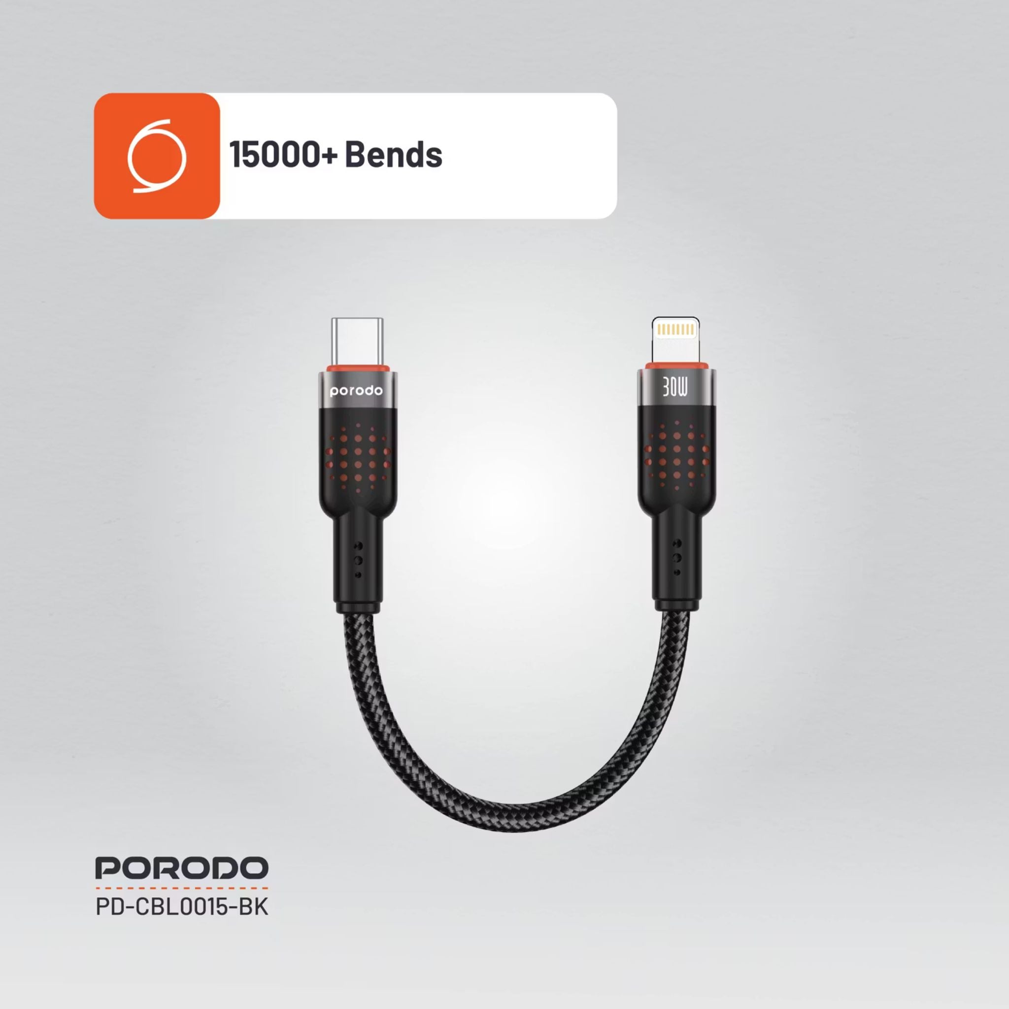 Porodo Aluminum Alloy Braided Cable Type-C to Lightning with 25cm Cable Length, PD 30W, 480Mbps Transfer Speed, more than 15000 Bends Life Span, Tangle Free - Black