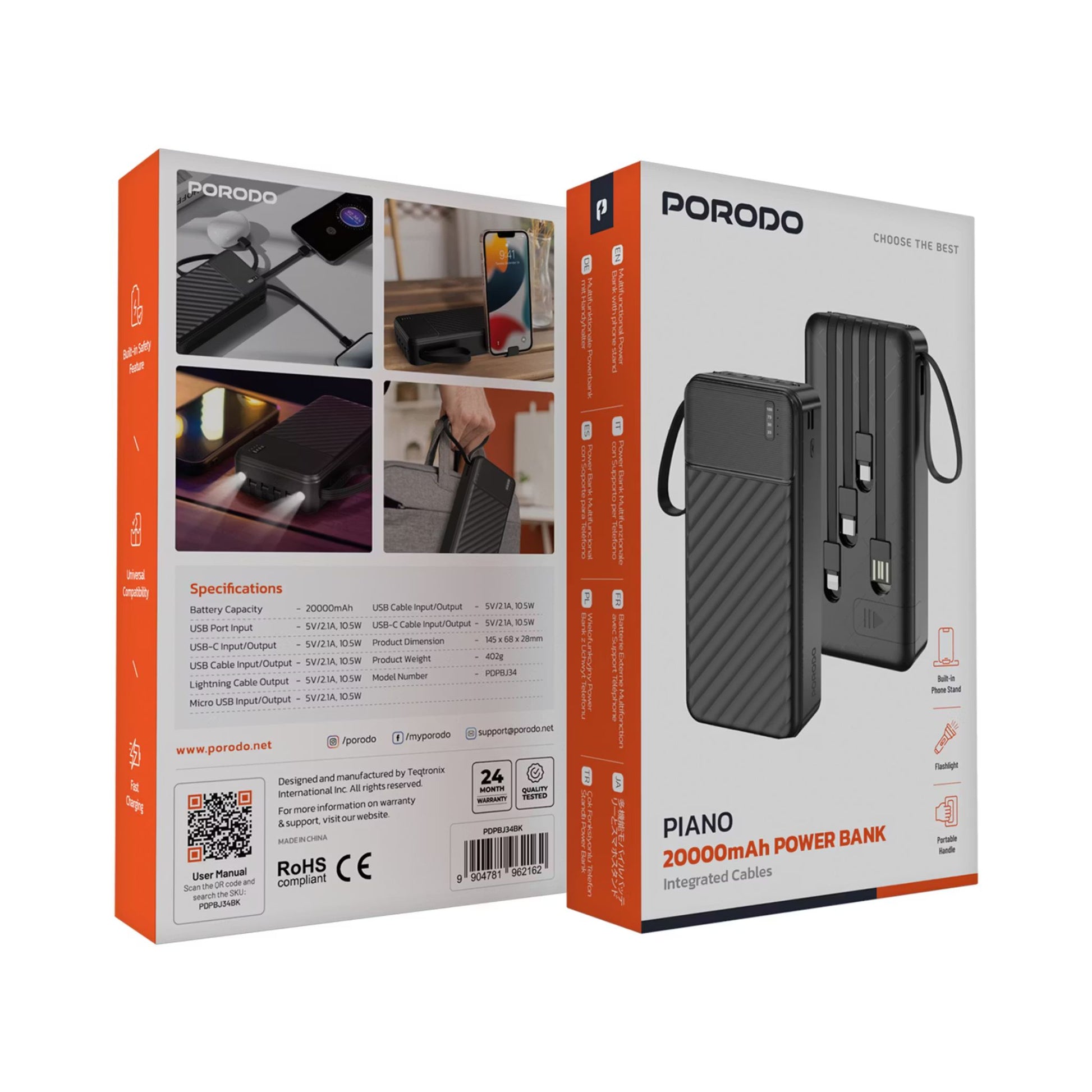 Porodo Piano 20000mAh power bank packaging on a white background
