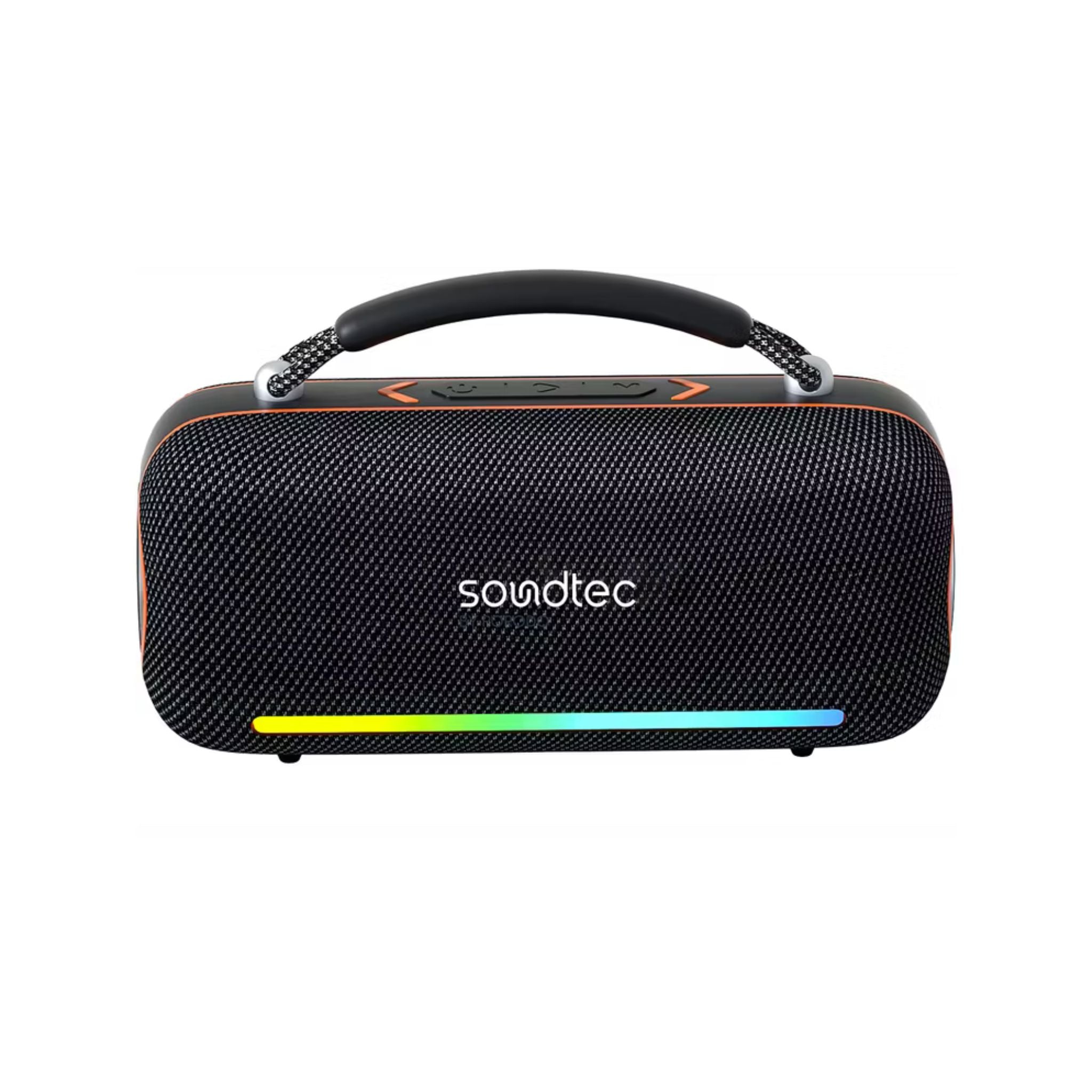 Black portable speaker with colorful LED lights on a white background