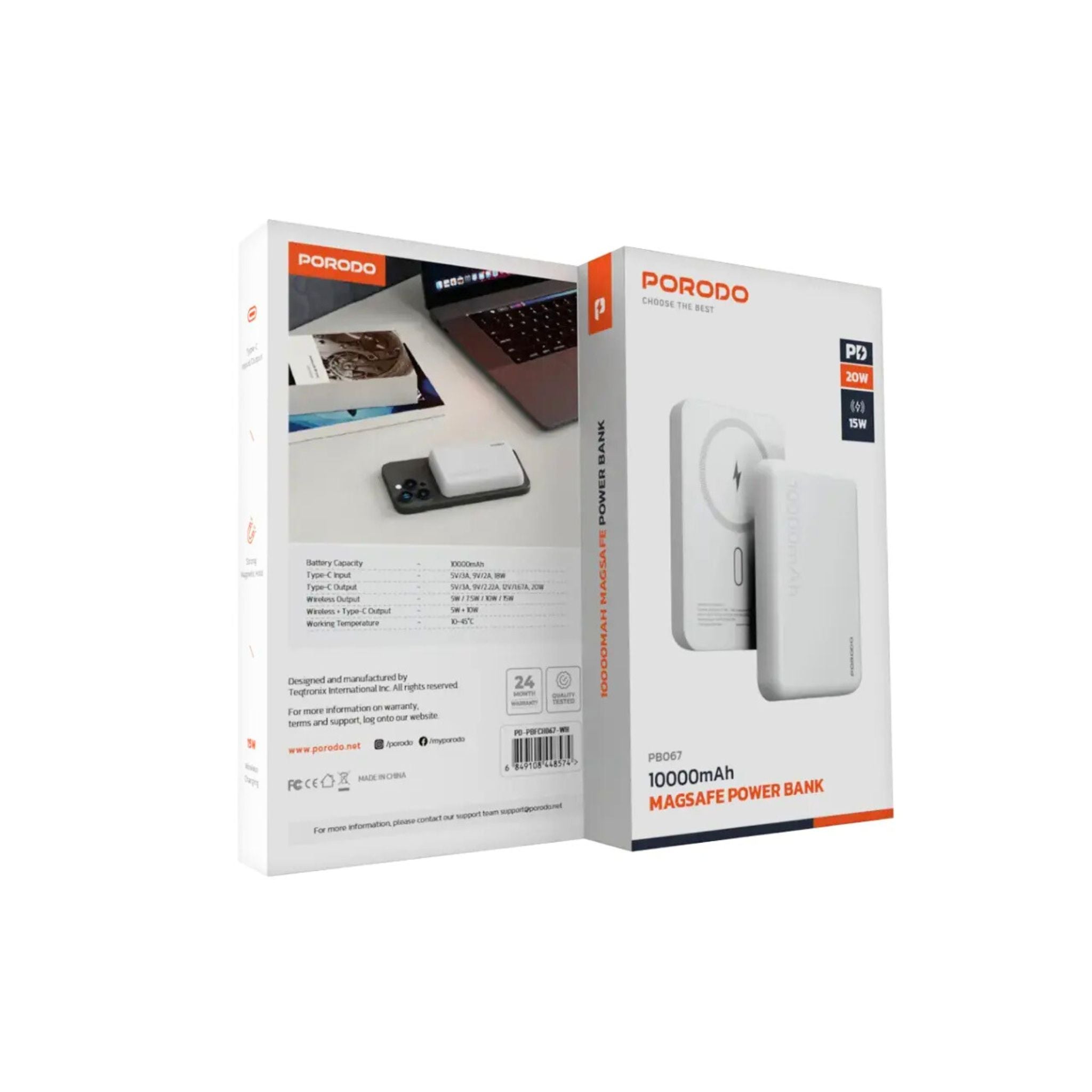 Porodo 10000mAh MagSafe Power Bank, Fast Charge, Portable & Compact Design, Type-C Input, Type-C & Wireless Outputs, 10° C-45° C Working Temperature, Strong Magnetic Hold, 20W Power Delivery - White