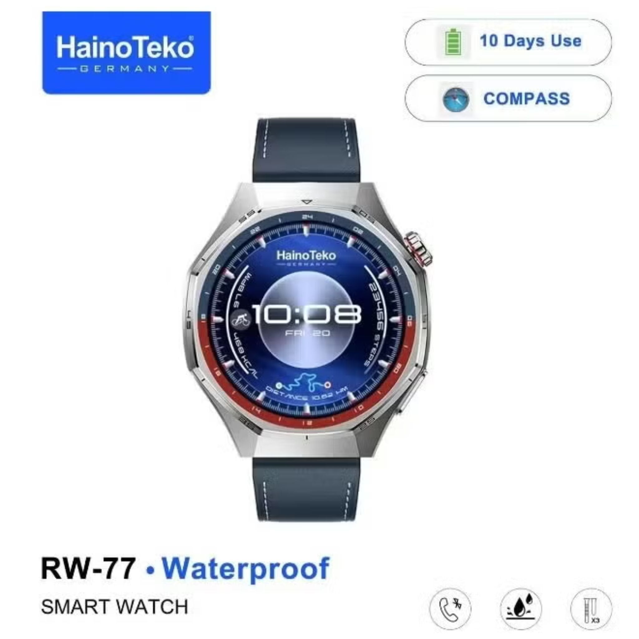 HainoTeko RW-77 Waterproof Smart Watch With AMOLED Display Bluetooth Calling 10 Days Battery Life and 3 Pair Straps Designed for Ladies and Gents - Blue