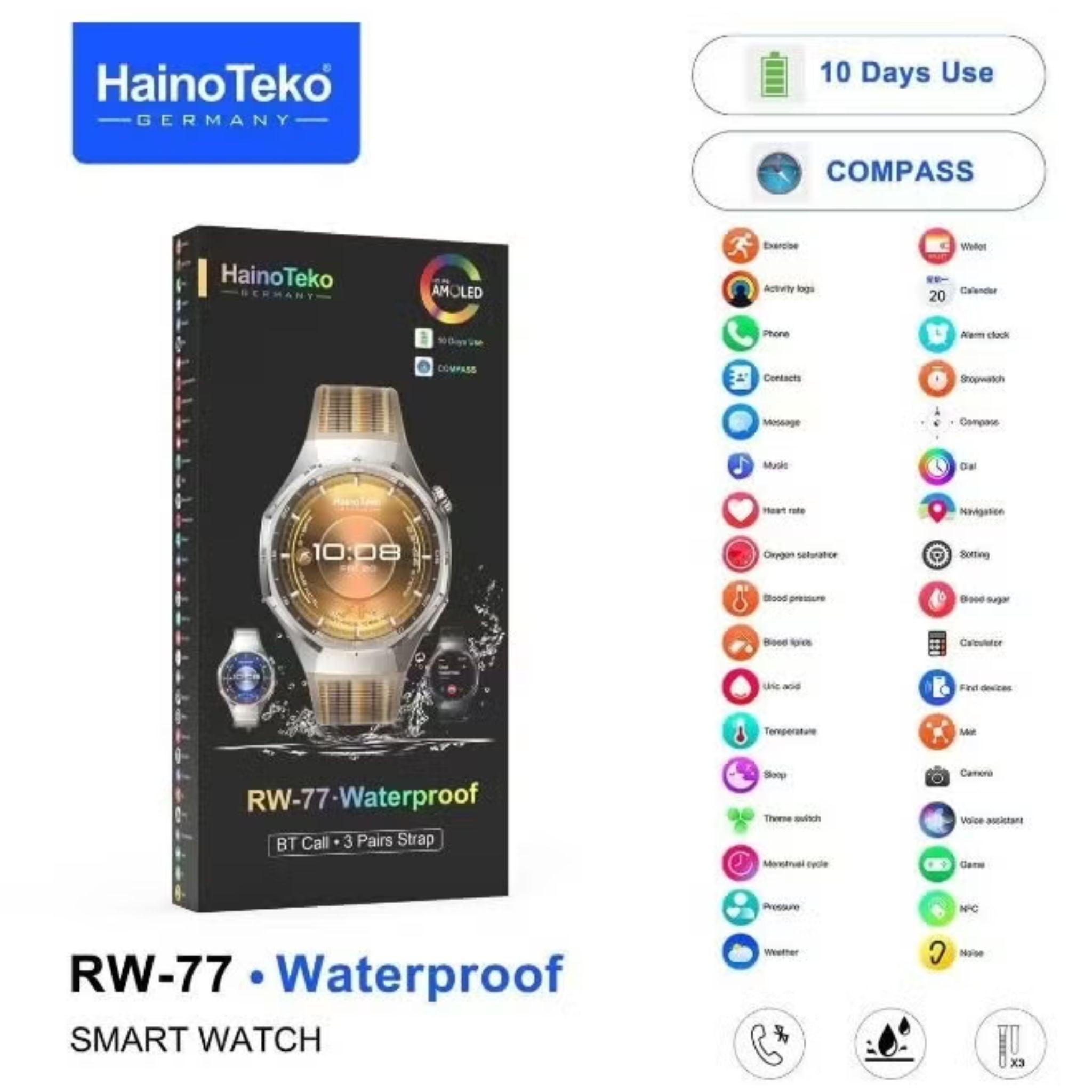 HainoTeko RW-77 Waterproof Smart Watch With AMOLED Display Bluetooth Calling 10 Days Battery Life and 3 Pair Straps Designed for Ladies and Gents - Blue