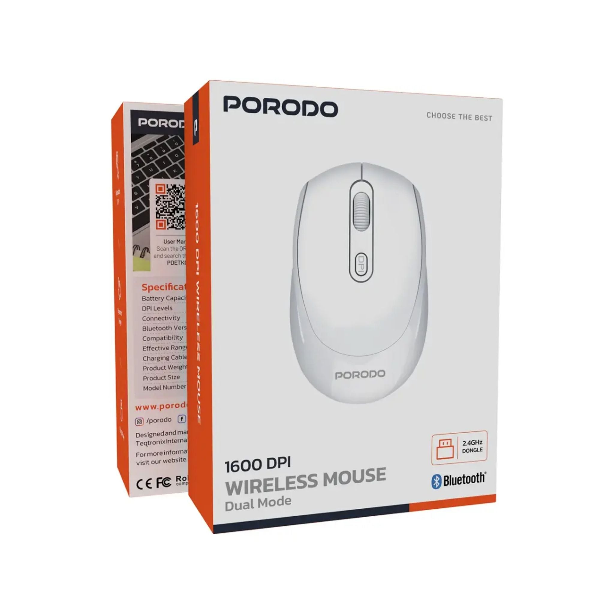 Porodo 1600DPI Wireless Mouse Dual Mode - White