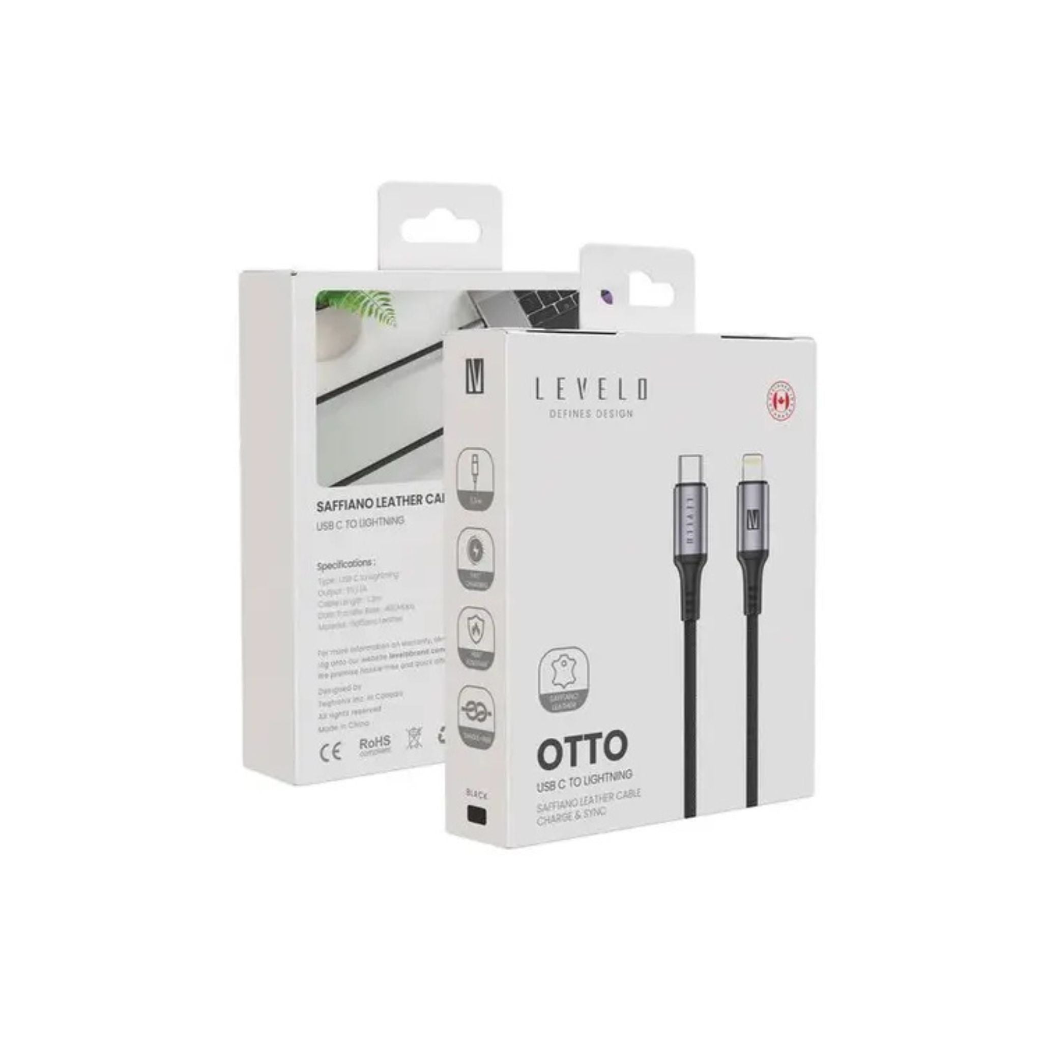 Levelo Otto USB-C to Lightning 30W Leather Cable, Tangle-Free, Fast Charging, Heat Resistant, 1.2m Cable Length - Black