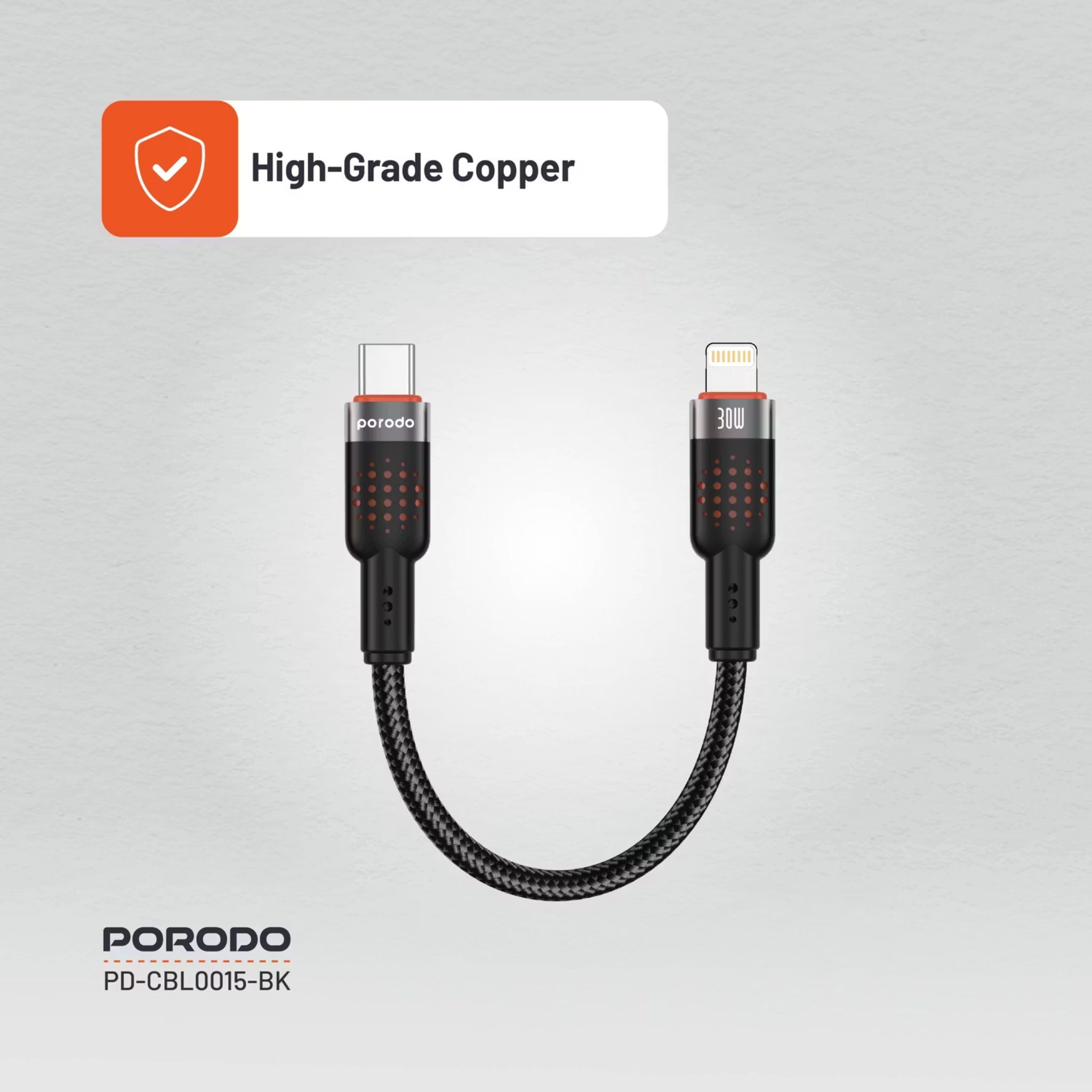 Porodo Aluminum Alloy Braided Cable Type-C to Lightning with 25cm Cable Length, PD 30W, 480Mbps Transfer Speed, more than 15000 Bends Life Span, Tangle Free - Black
