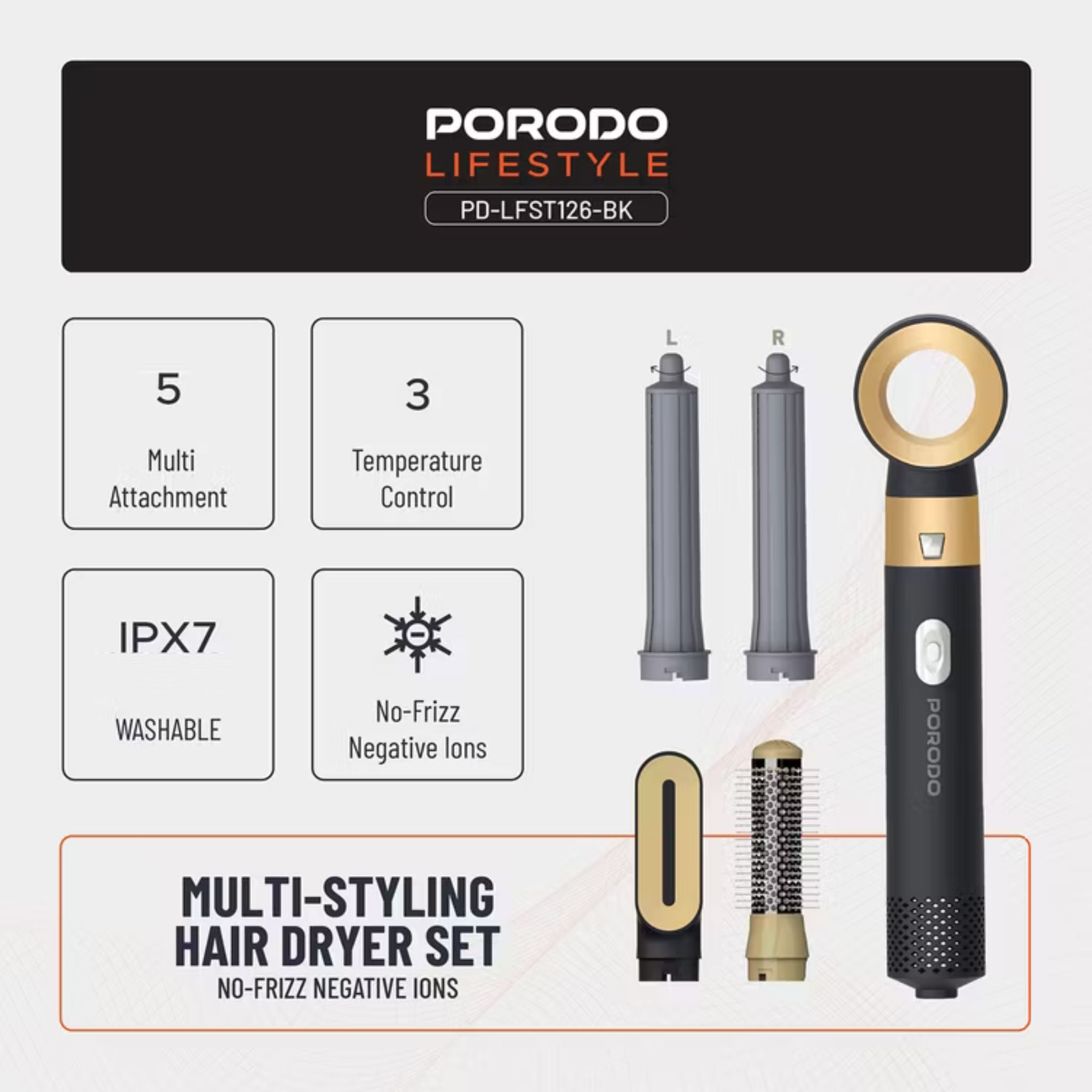 Porodo Lifestyle Multi-Styling Hair Dryer Set with 5 Drying Combs, 3 Airflow Modes, 600W Rated Power, No-Frizz Negative Ions, 3 Temperature Control Settings - Black