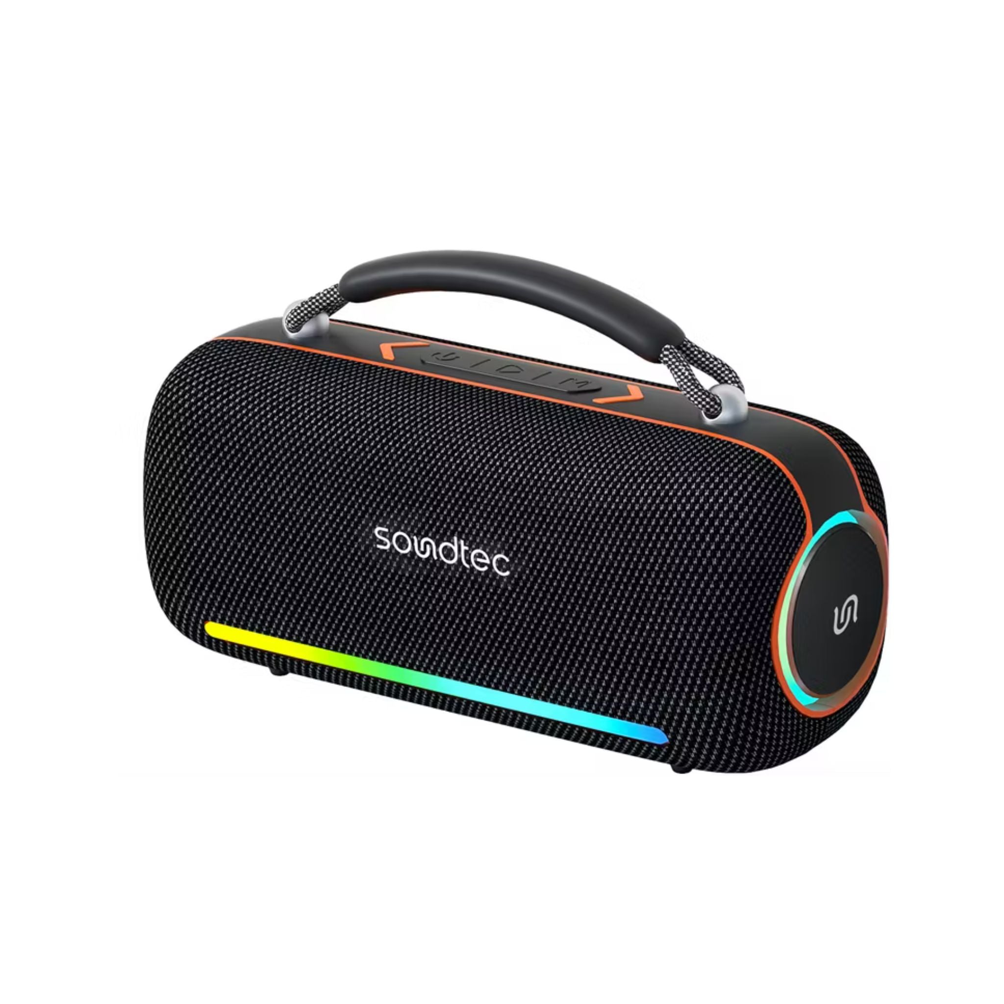Porodo Soundtec Sonify Portable Wireless Speaker with Grip Handle, 4000mAh Battery, 30W Output Power, Bluetooth Version 5.3, USB-C Charging Interface, Up to 5.5 Hours Play Time, RGB Lights, High Fidelity Sound - Black