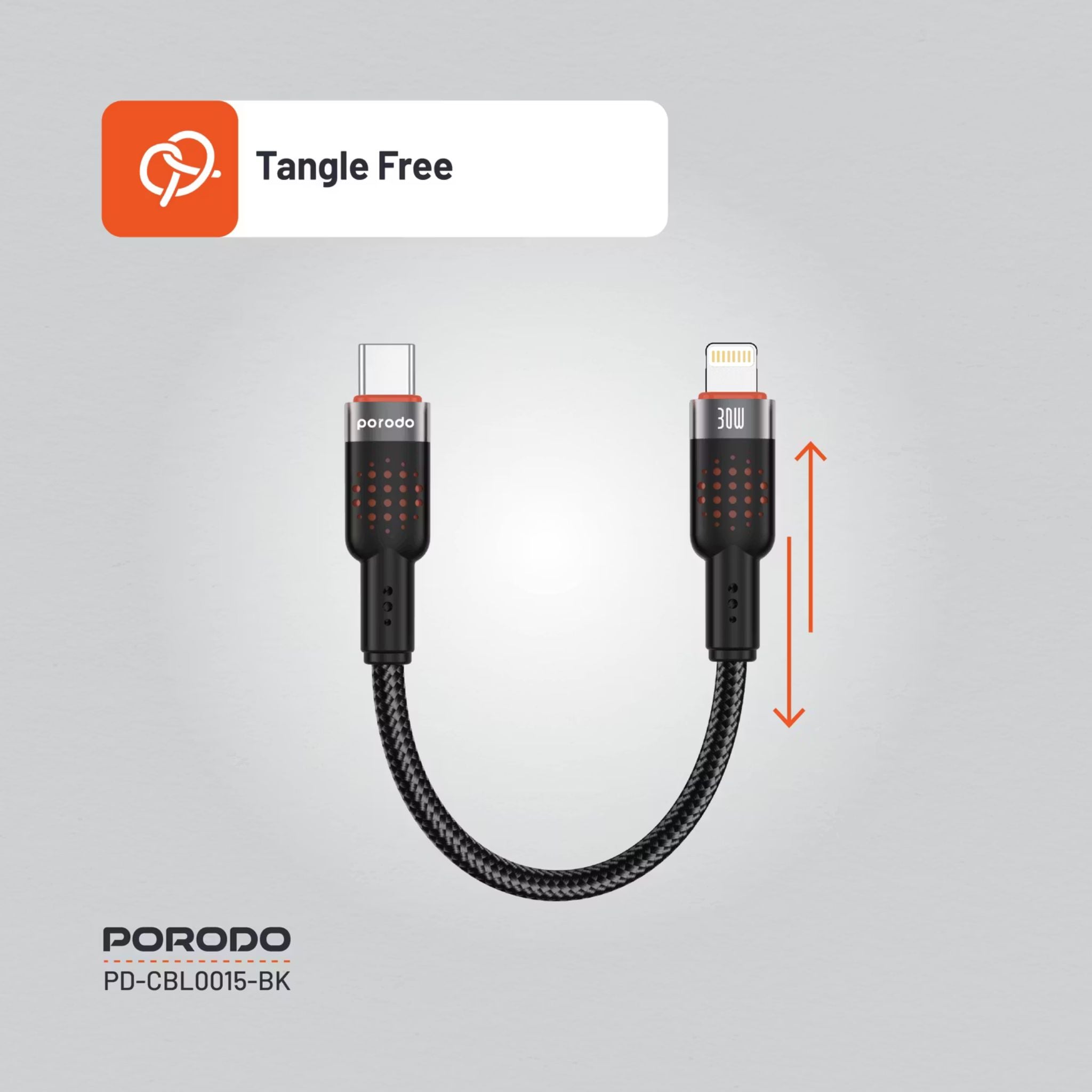Porodo Aluminum Alloy Braided Cable Type-C to Lightning with 25cm Cable Length, PD 30W, 480Mbps Transfer Speed, more than 15000 Bends Life Span, Tangle Free - Black
