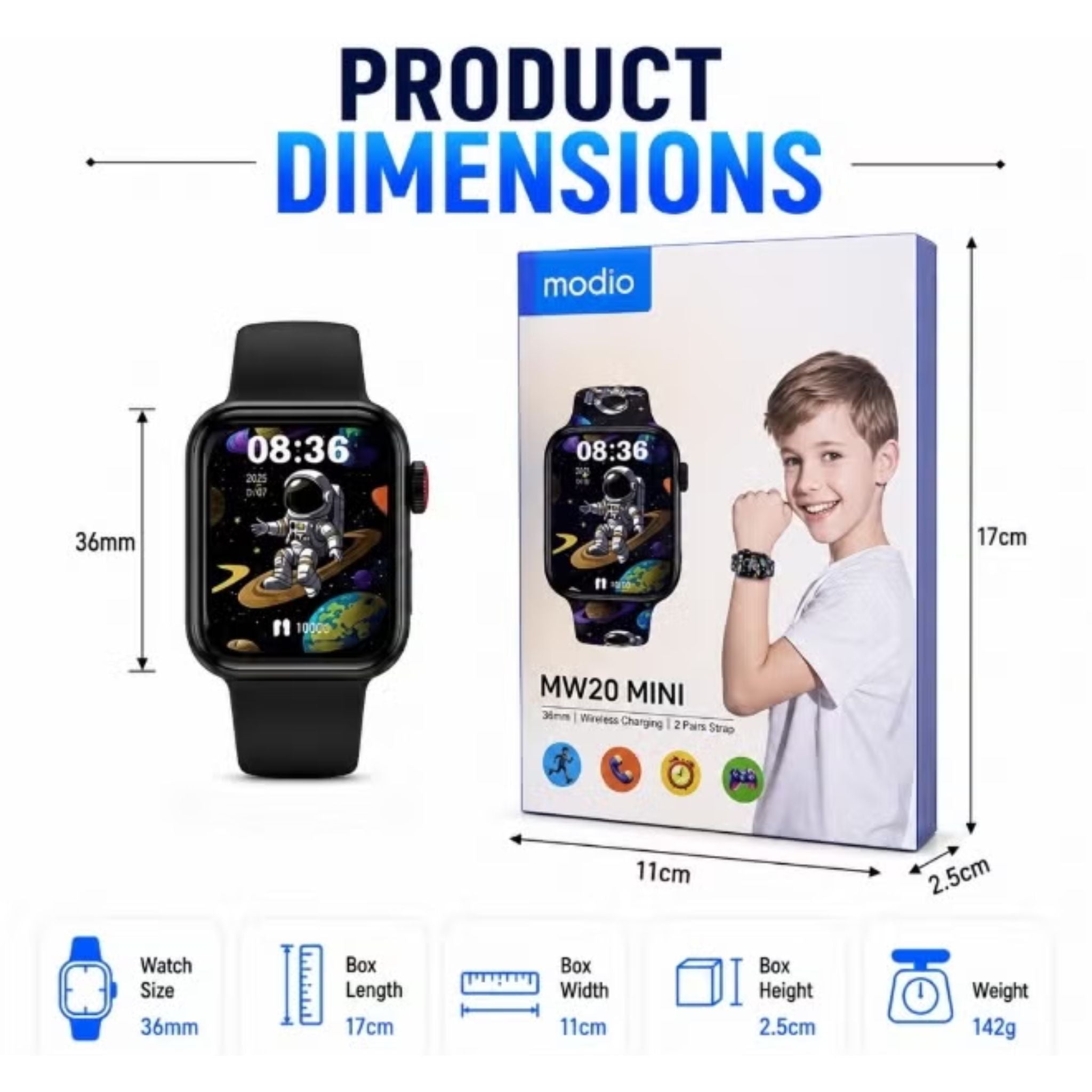 Modio MW20 Mini Kids Smart Watch For Boys, Bluetooth Calling Smartwatch For Kids With Wireless Charging & 2 Straps -  Black