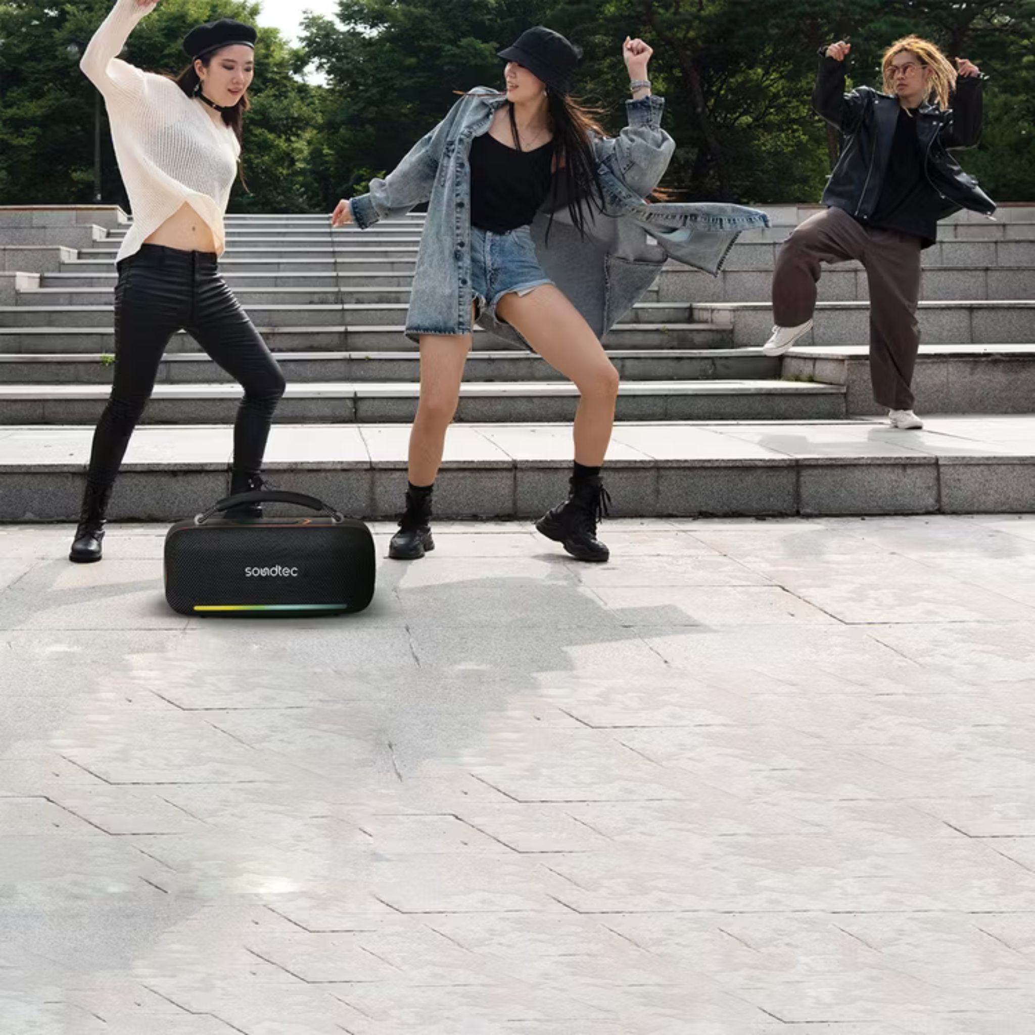 Porodo Soundtec Sonify Portable Wireless Speaker with Grip Handle, 4000mAh Battery, 30W Output Power, Bluetooth Version 5.3, USB-C Charging Interface, Up to 5.5 Hours Play Time, RGB Lights, High Fidelity Sound - Black