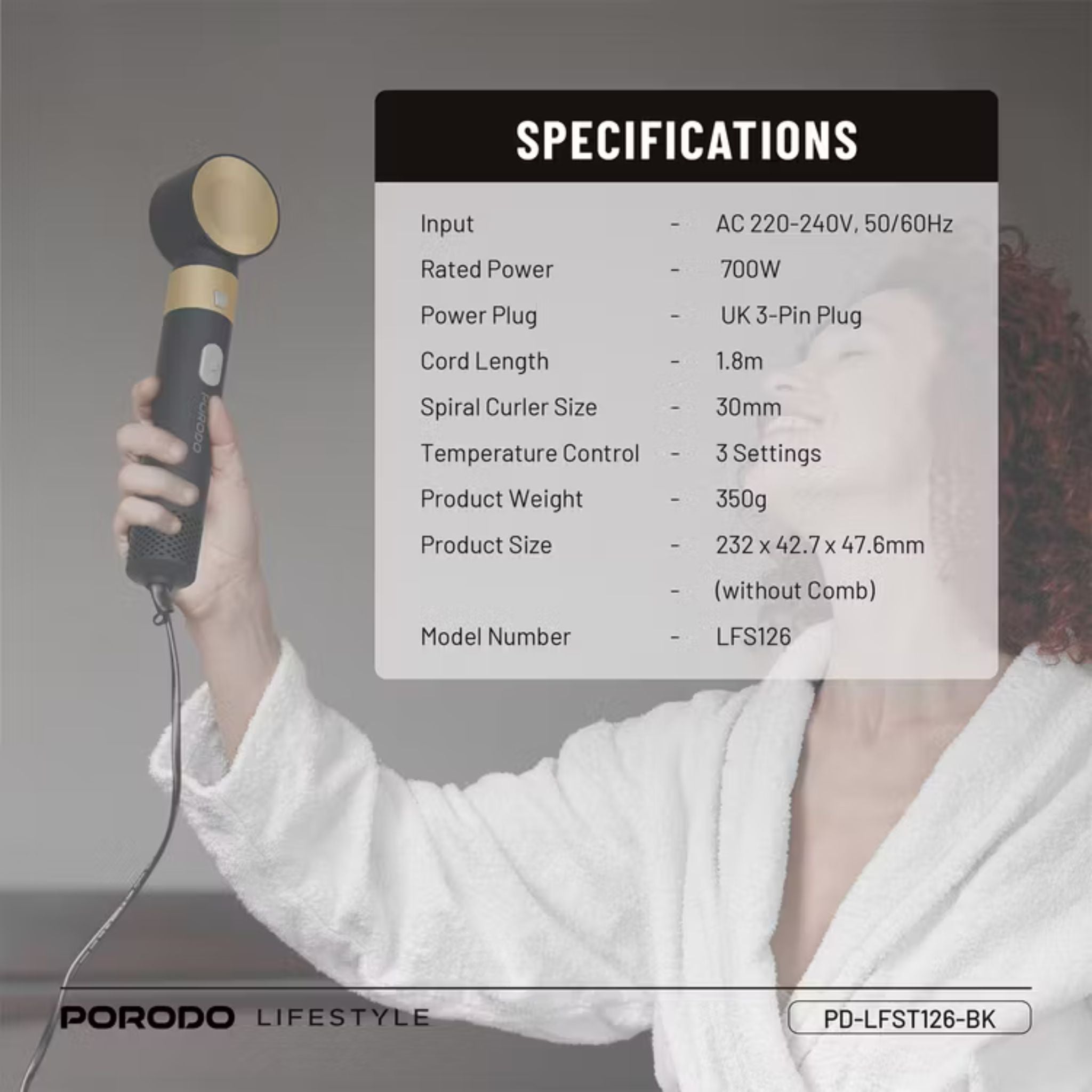 Porodo Lifestyle Multi-Styling Hair Dryer Set with 5 Drying Combs, 3 Airflow Modes, 600W Rated Power, No-Frizz Negative Ions, 3 Temperature Control Settings - Black