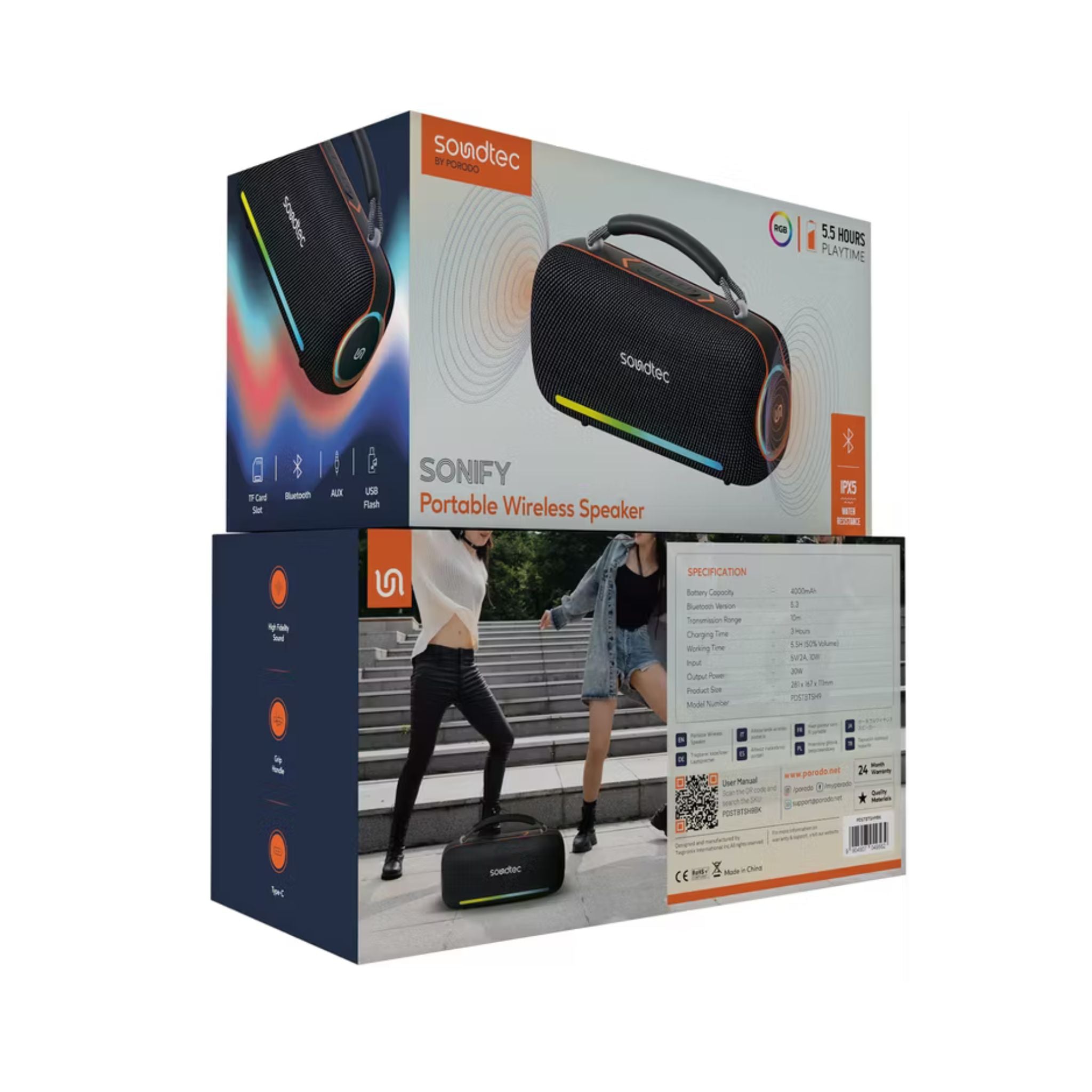 Porodo Soundtec Sonify Portable Wireless Speaker with Grip Handle, 4000mAh Battery, 30W Output Power, Bluetooth Version 5.3, USB-C Charging Interface, Up to 5.5 Hours Play Time, RGB Lights, High Fidelity Sound - Black