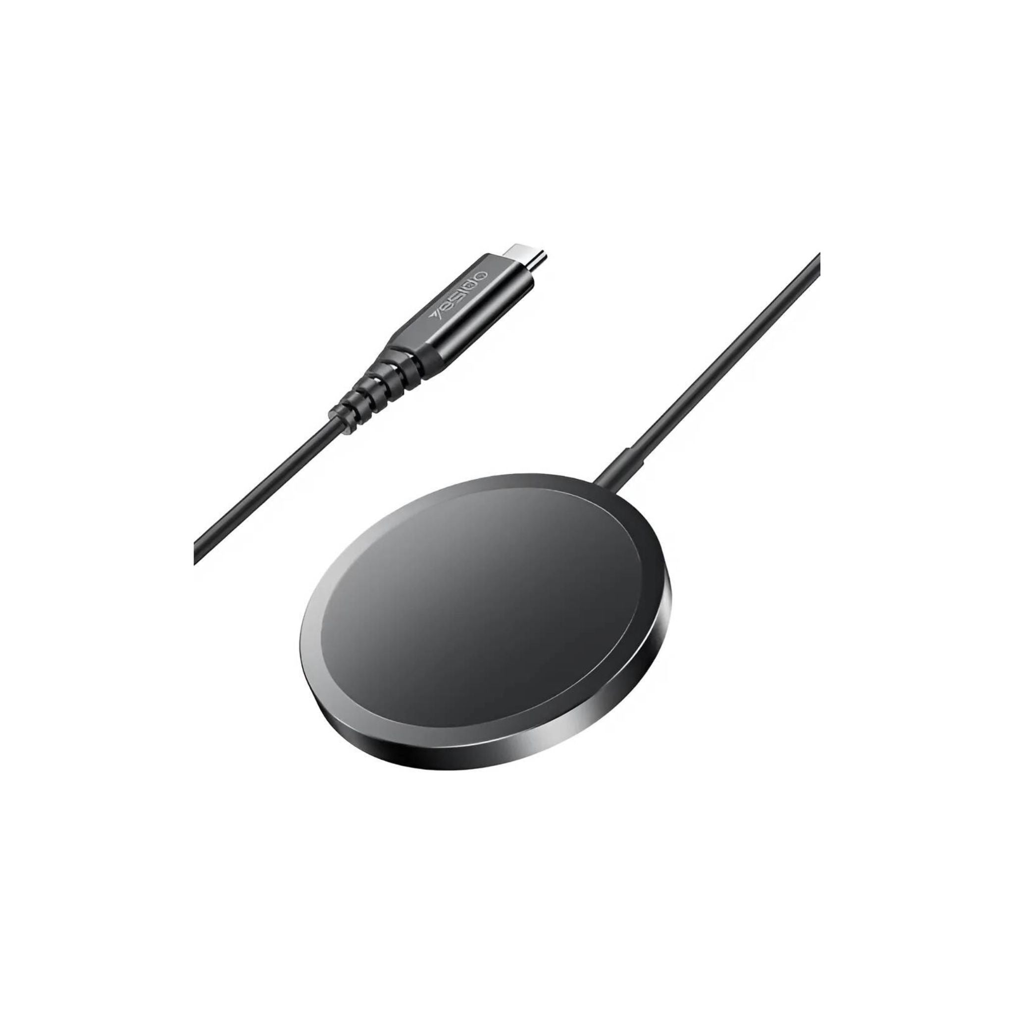Black wireless charging pad with USB-C cable on a white background