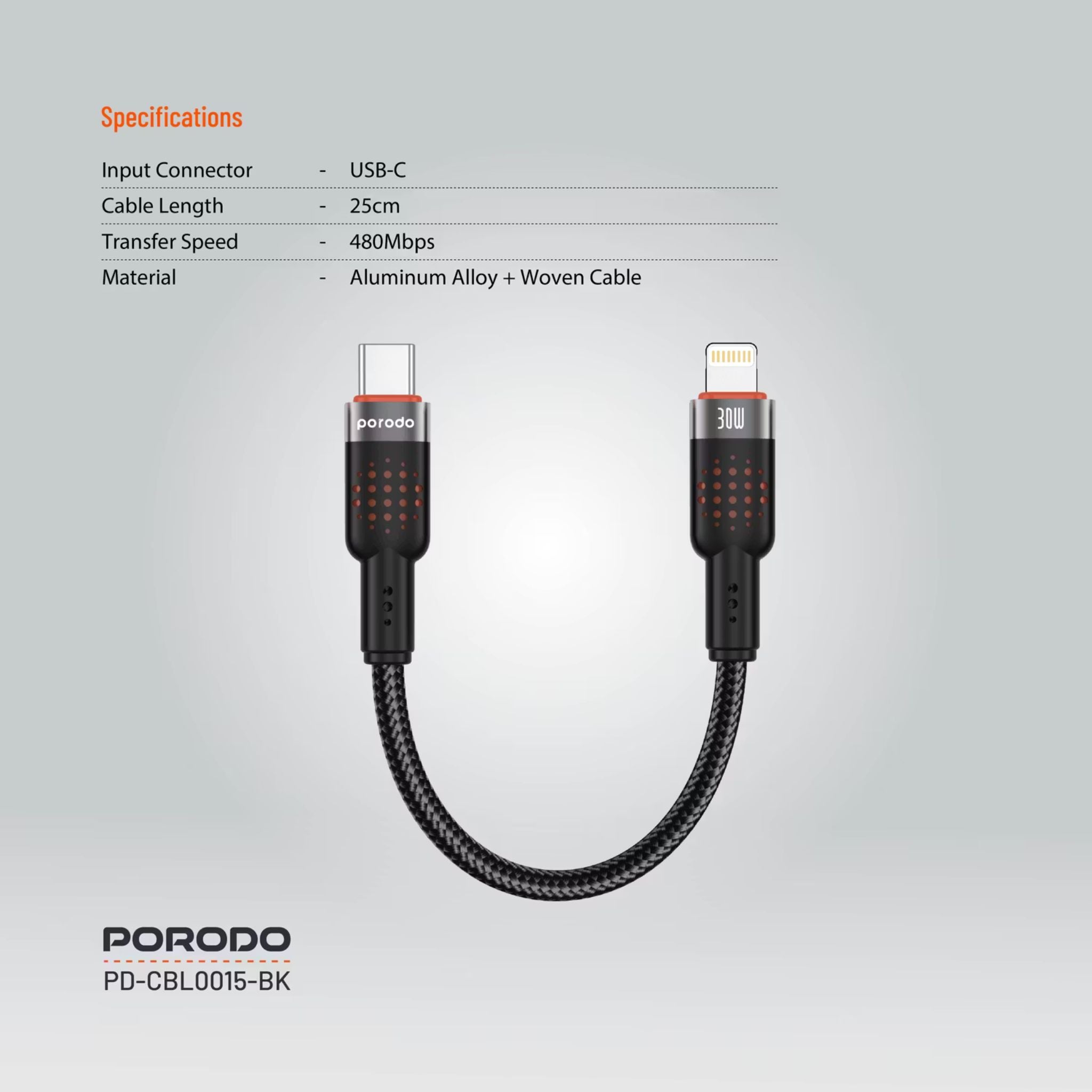 Porodo Aluminum Alloy Braided Cable Type-C to Lightning with 25cm Cable Length, PD 30W, 480Mbps Transfer Speed, more than 15000 Bends Life Span, Tangle Free - Black