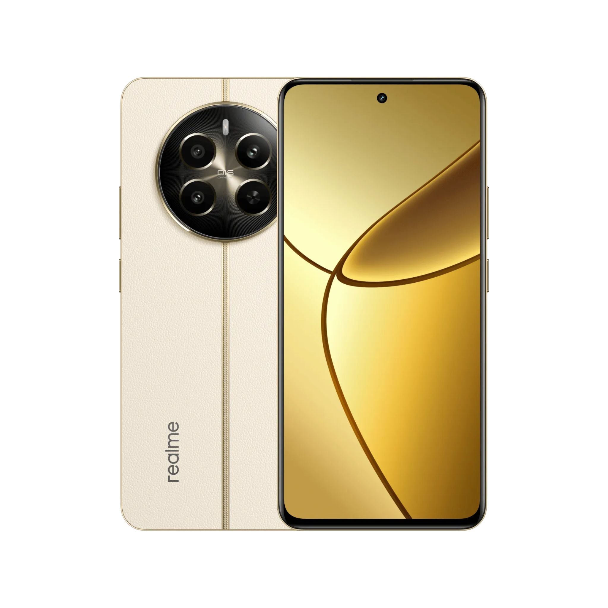 Realme smartphone showing front and back design on a white background