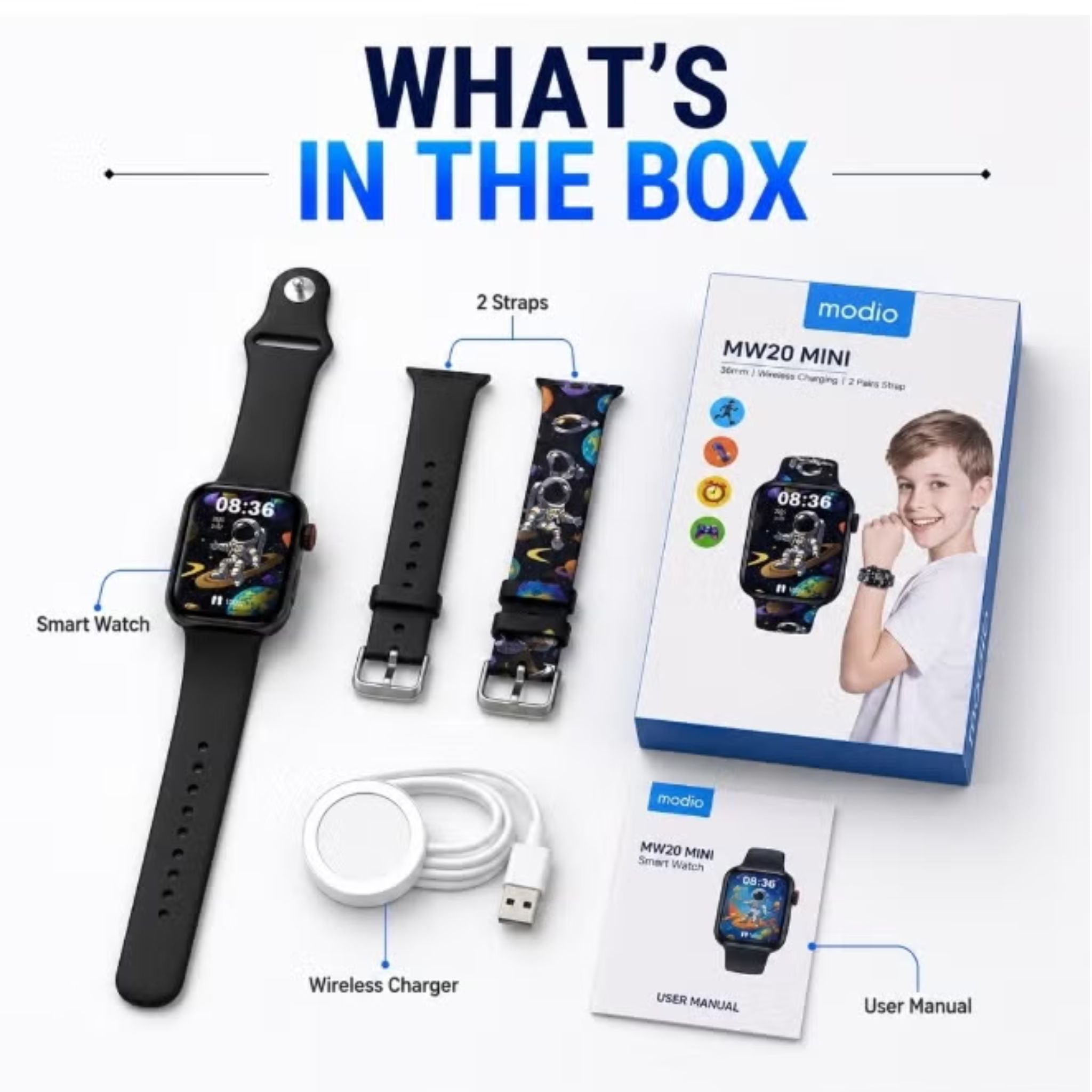 Modio MW20 Mini Kids Smart Watch For Boys, Bluetooth Calling Smartwatch For Kids With Wireless Charging & 2 Straps -  Black