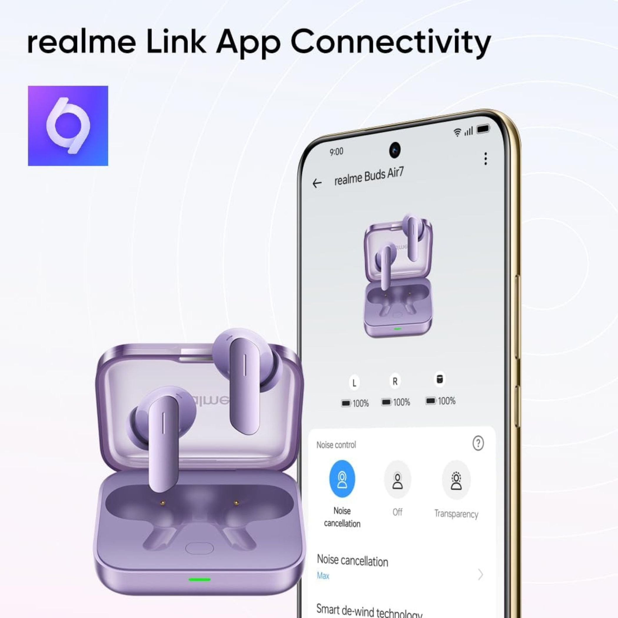 Realme Buds Air 7 True Wireless Earbuds, 52dB ANC, Hi-Res LHDC 5.0, 12.4mm Deep Bass Driver, 360° Spatial Audio, 52H Playtime, 6-Mic ENC, Bluetooth 5.4, IP55 Water Resistant, Fast Charging – Lavender Purple