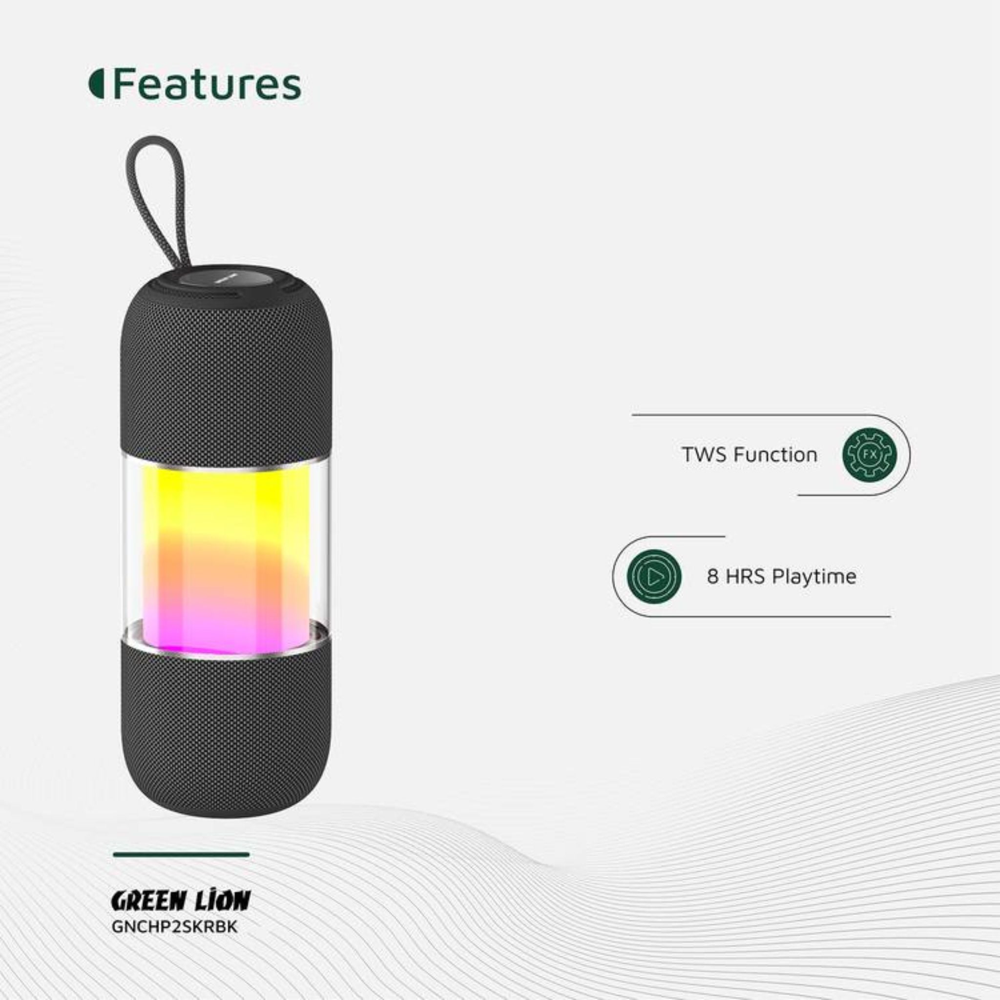 Green Lion Change Pro RGB Portable Speaker with True Wireless Stereo Function, 360° Audio, IPX7 Waterproof, 6 Hours Playtime, Extra Bass - Black