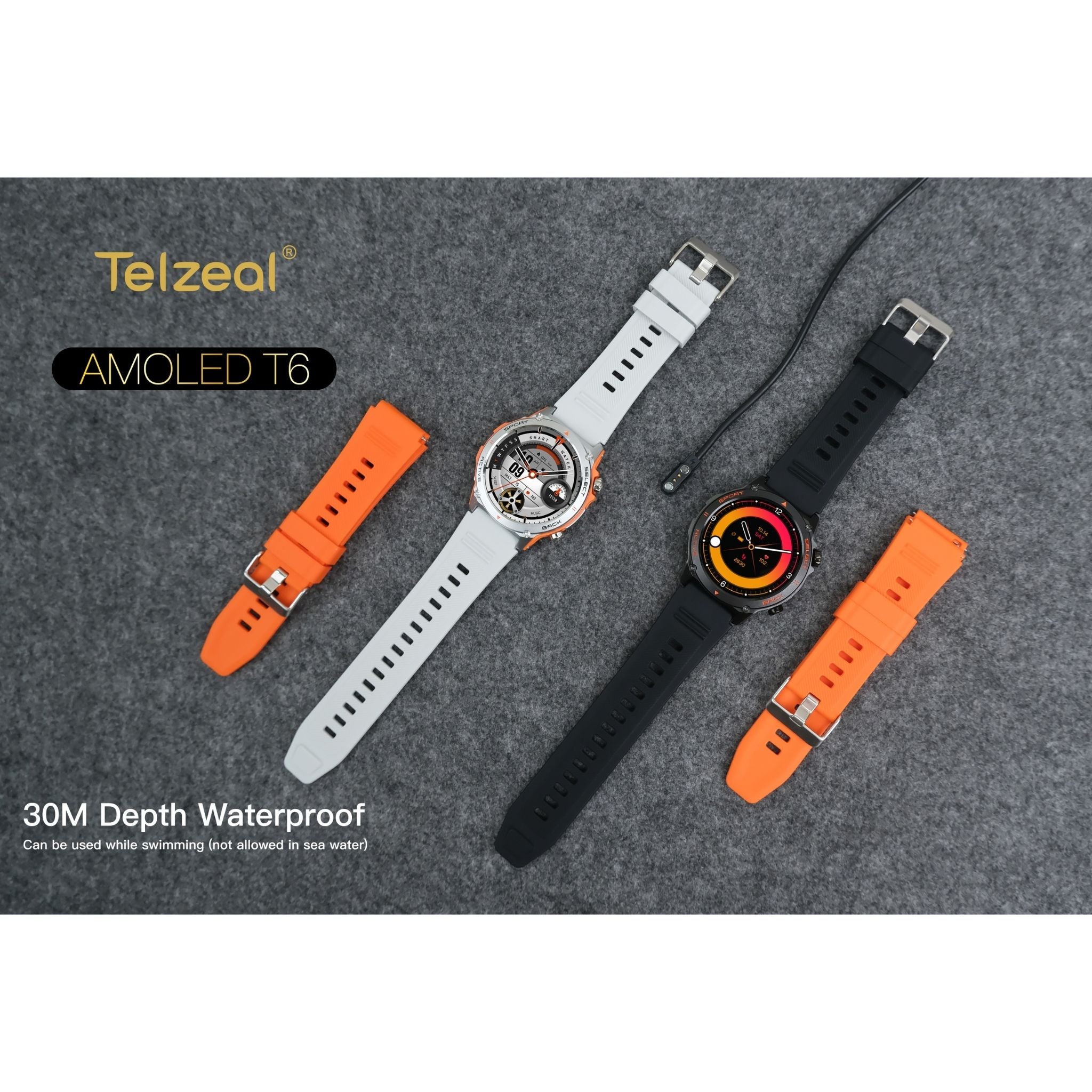 Telzeal AMOLED T6 Smartwatch with AMOLED Display – 30M Waterproof, 2 Interchangeable Straps, Magnetic Charger, Fitness & Health Tracking, Sleep Monitoring, Bluetooth Notifications, Sleek Silver Design for Men, Sports, Work, Daily Use