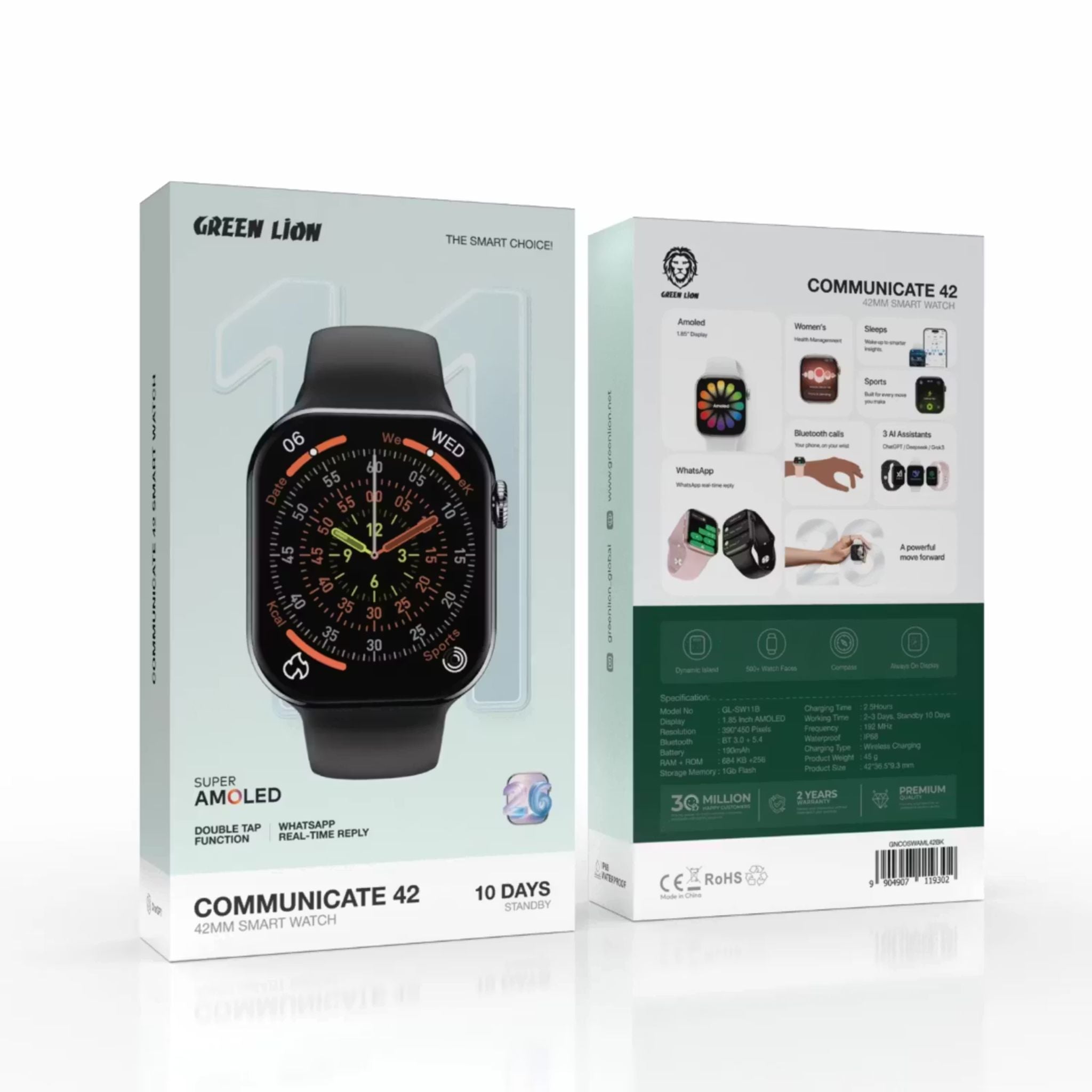 Green Lion Communicate 42mm Smart Watch with 1.85” AMOLED Display, 190mAh Battery, 1GB Flash Storage, IP68 Waterproof, 2-3 Days Working Time, 10 Days Standby Time, Bluetooth Version 3.0 + 5.4, Wireless Charging, Always-On Display, 500+ Watch Faces - Black