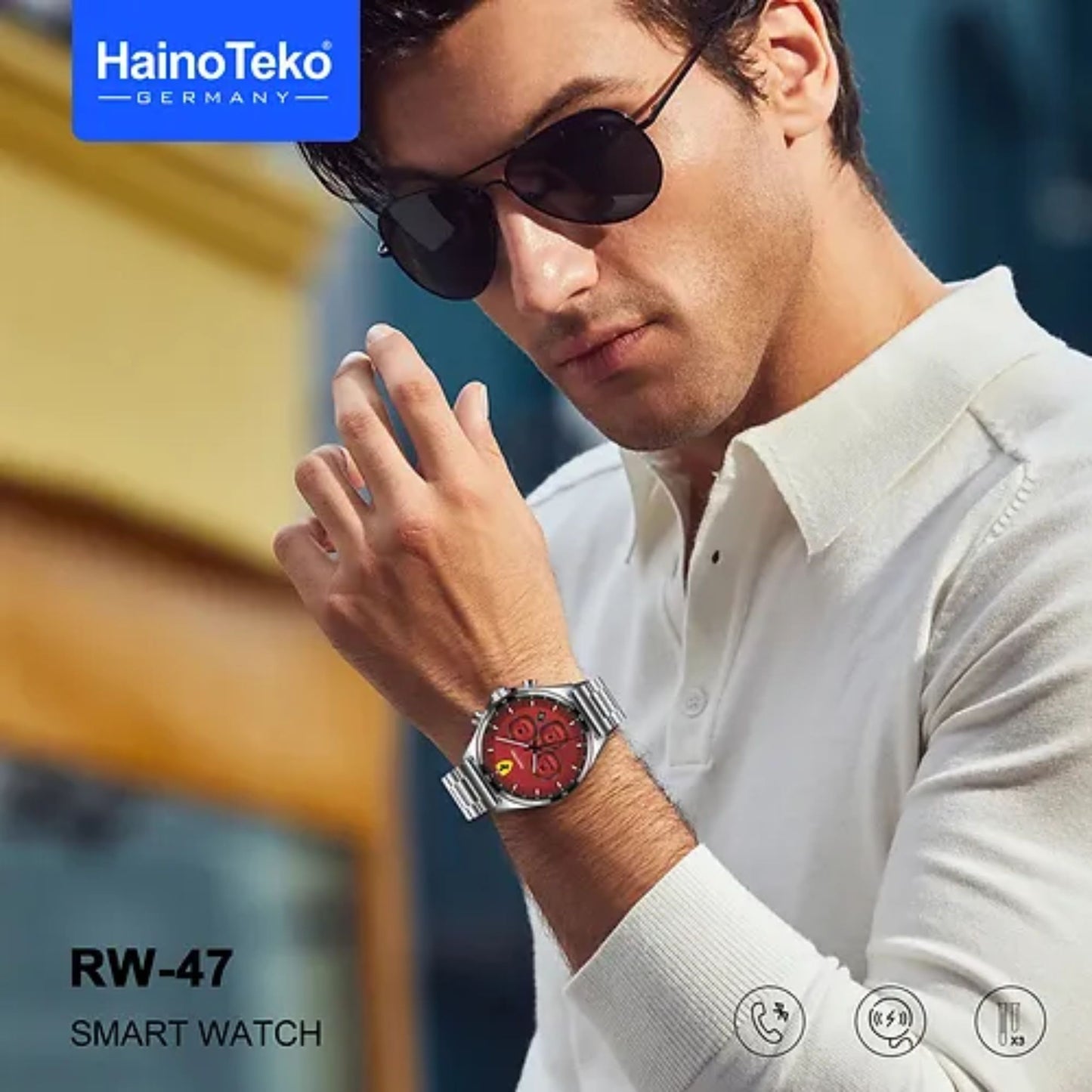 Premium Haino teko RW47 with 3 Bands(Stainless Steel + Leather + Silicone)Smartwatches Limited Edition_Black