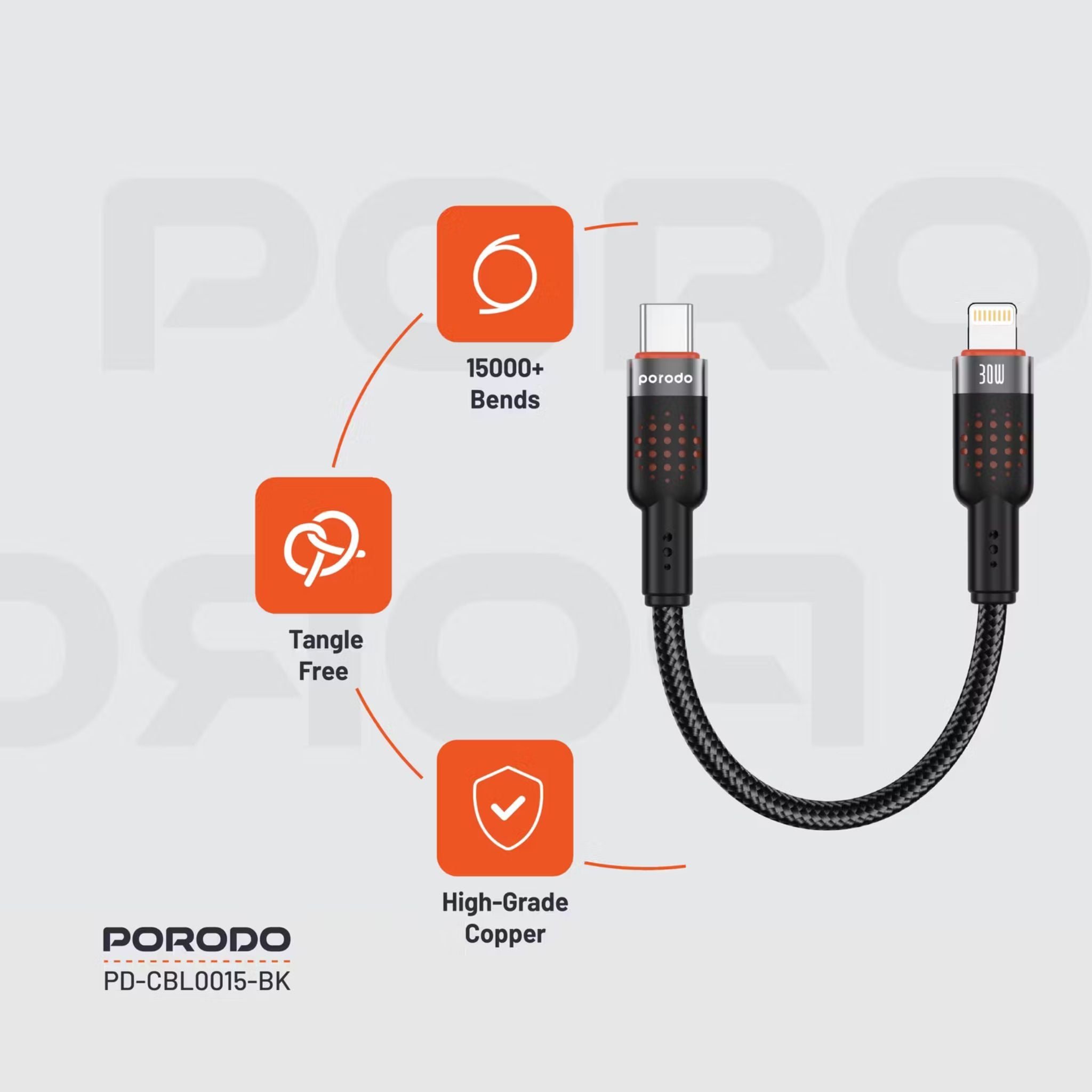 Porodo Aluminum Alloy Braided Cable Type-C to Lightning with 25cm Cable Length, PD 30W, 480Mbps Transfer Speed, more than 15000 Bends Life Span, Tangle Free - Black