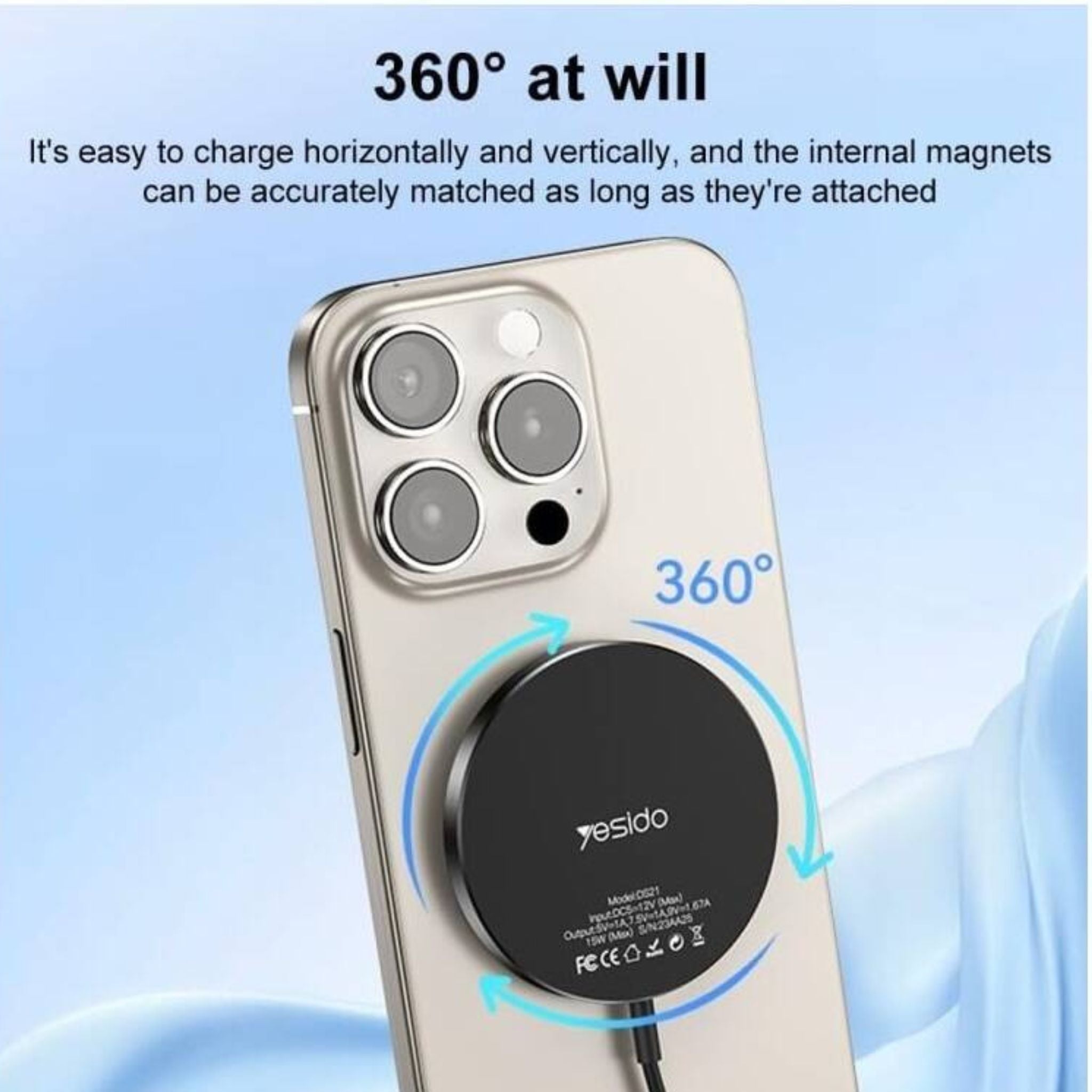 Yesido DS21 Wireless Charger, 15W Fast Charging, N52 Strong Magnets, 360° At Will, Support iPhone Charging, USB-C Charging Interface, Black