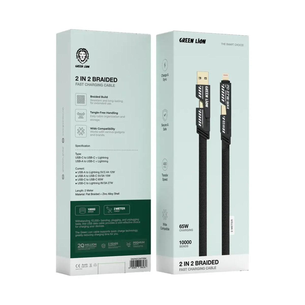 Green Lion 2-In-2 Braided Fast Charging Cable - Black