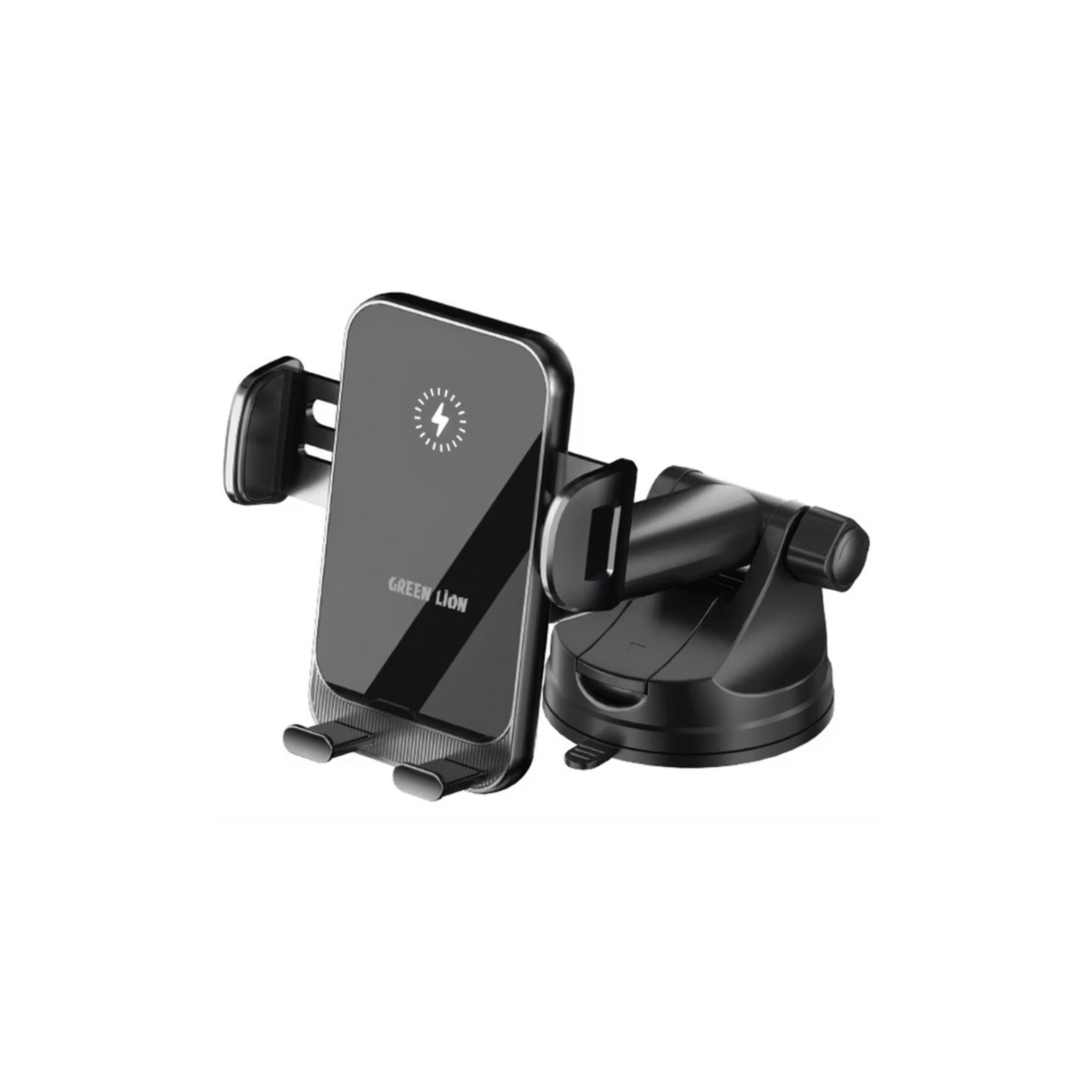 Black phone holder with Green Lion branding on a white background