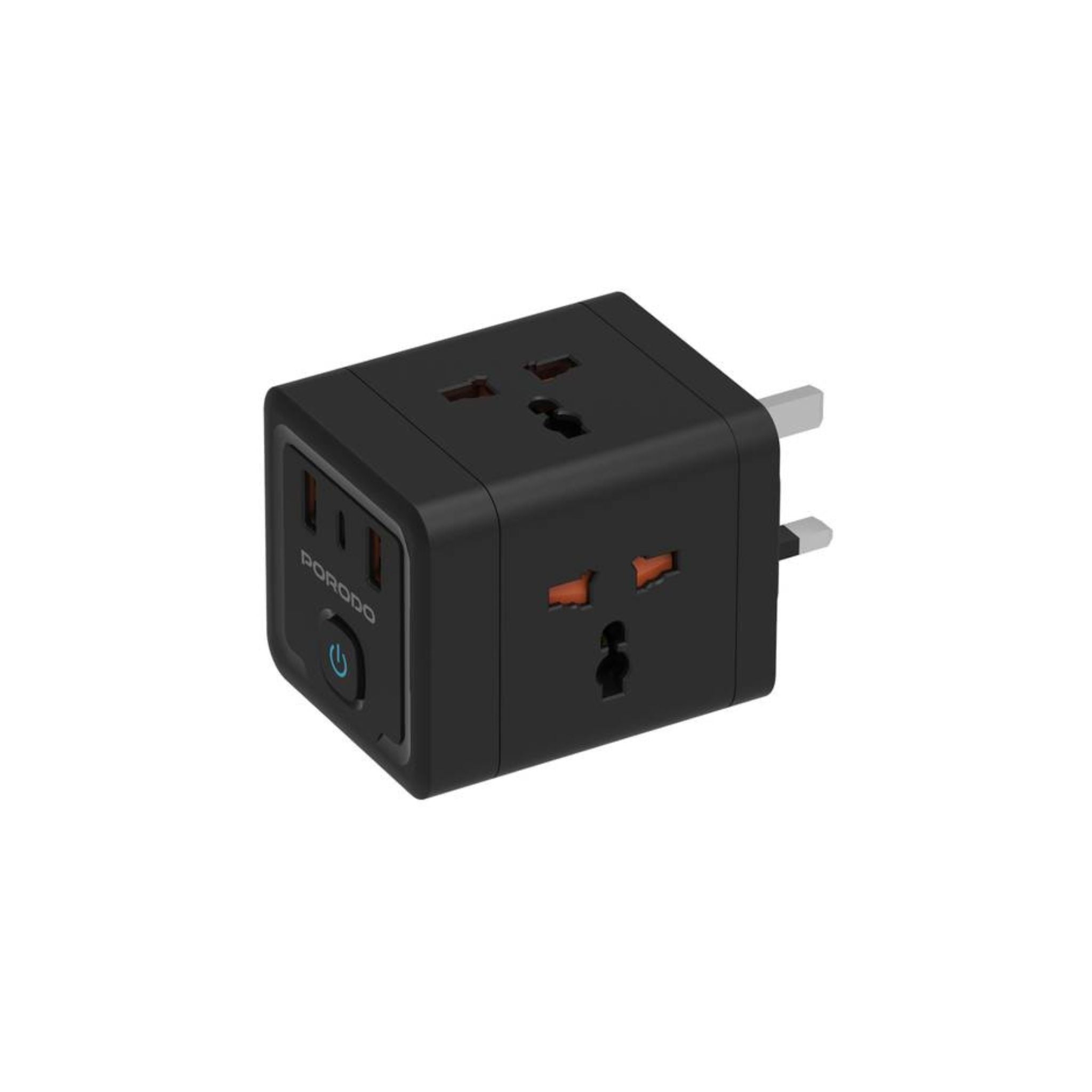 Porodo 4-AC Universal Power Block Adapter with USB-C & Dual USB-A Ports, Fast Charge, 20W Power Delivery, Built-in Safeguards, Simultaneous Charging, 2500W Rated Power - Black