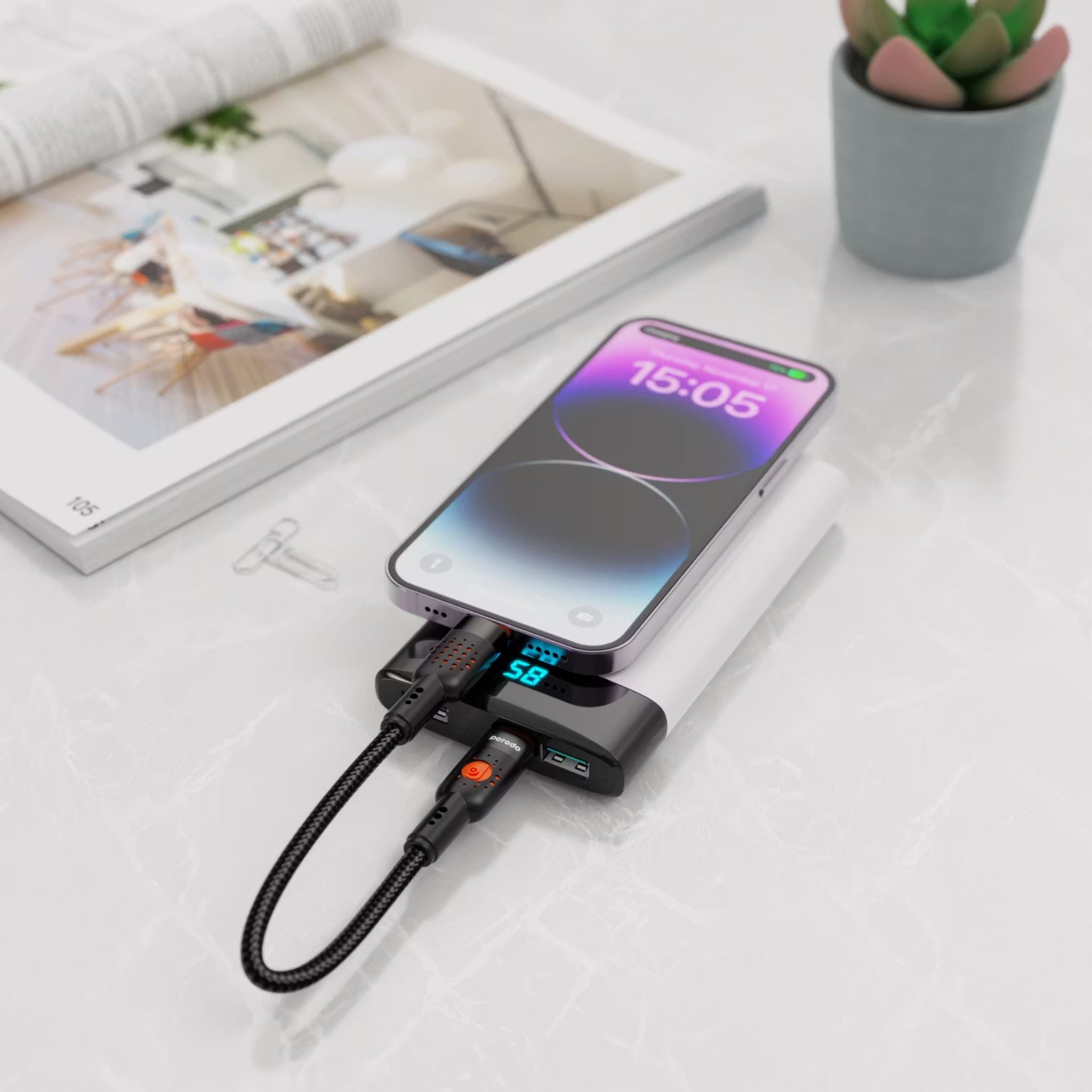 Porodo Aluminum Alloy Braided Cable Type-C to Lightning with 25cm Cable Length, PD 30W, 480Mbps Transfer Speed, more than 15000 Bends Life Span, Tangle Free - Black