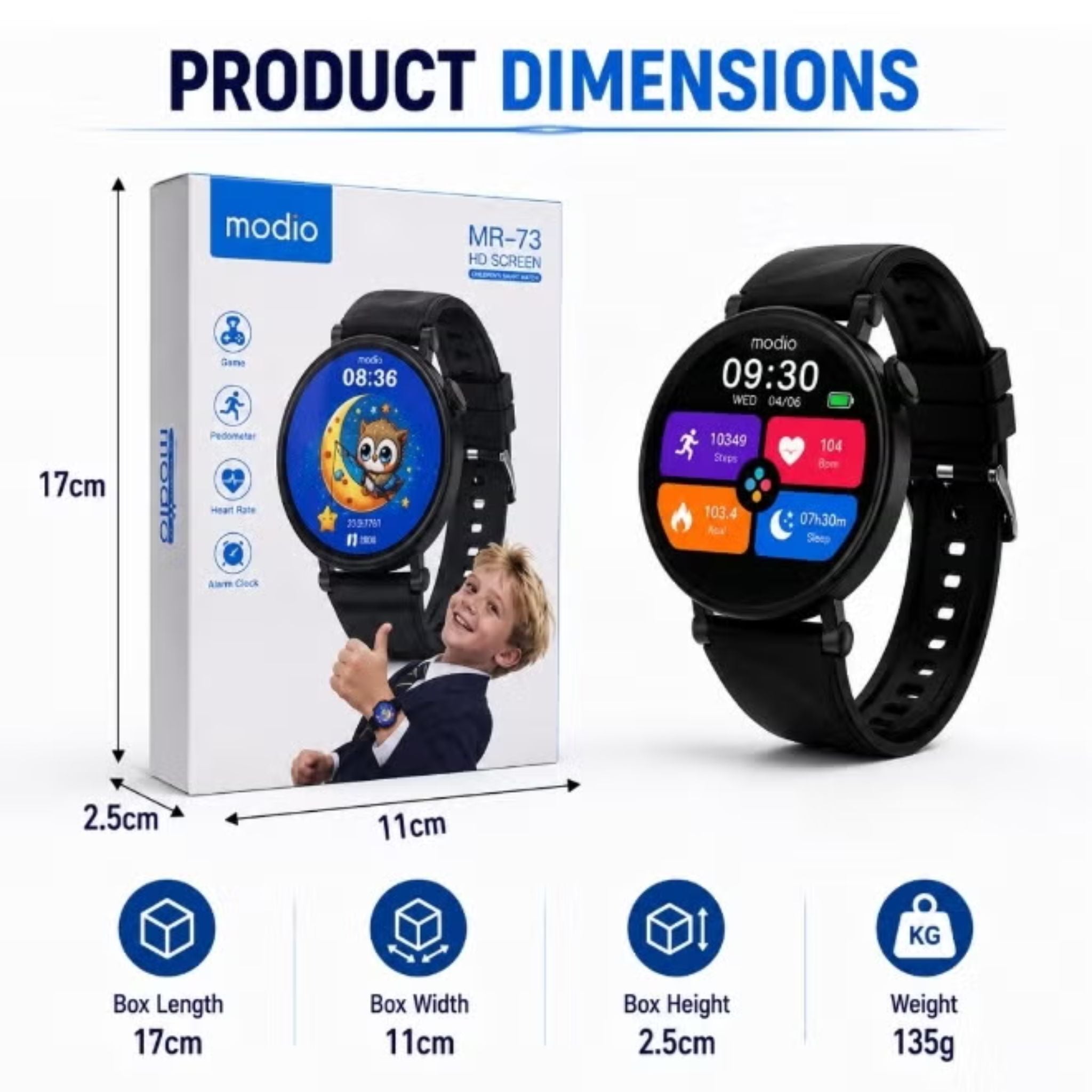 MR-73 Kids Smart Watch for Boys Bluetooth Calling Fitness Sleep Monitor HD Round Display - Black