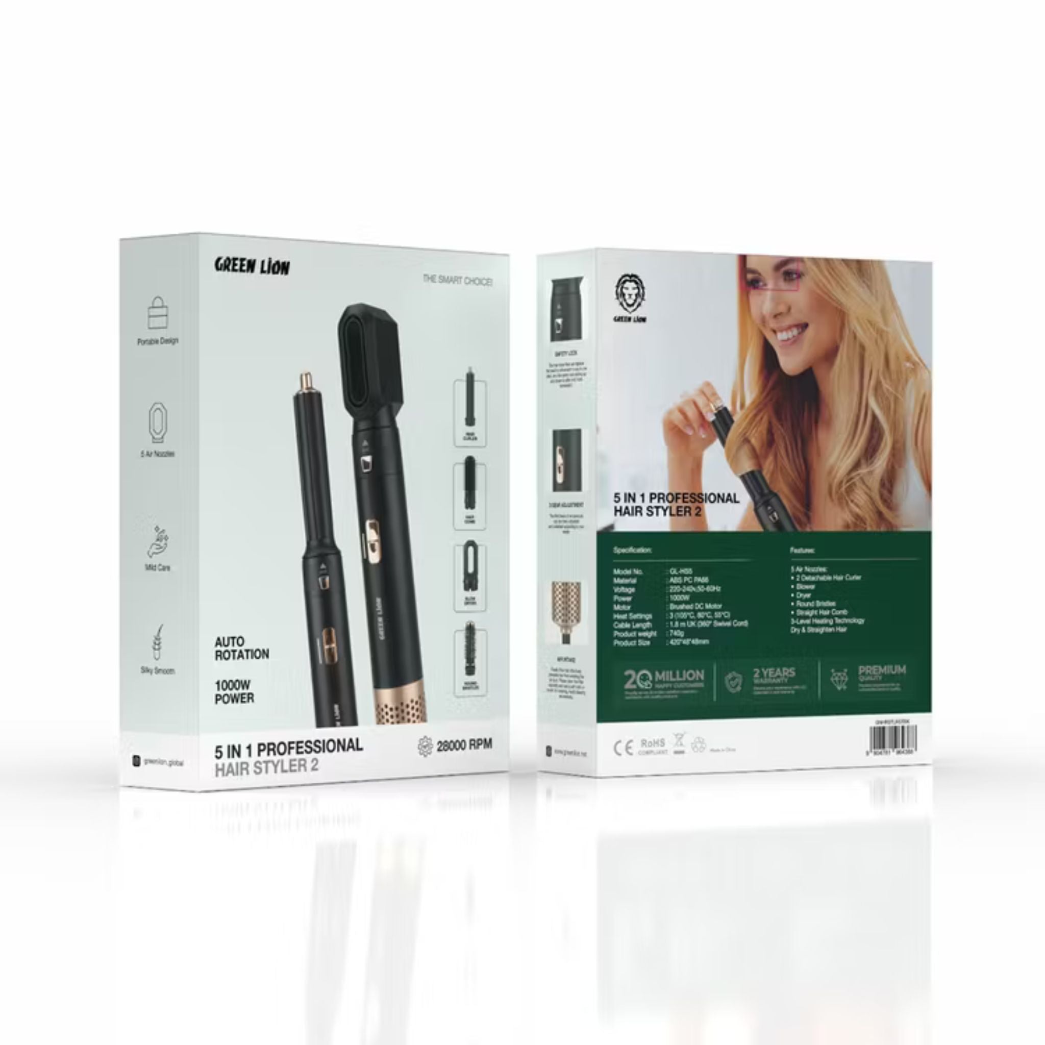 Green Lion 5-in-1 Professional Hair Styler 2 with Safety Lock, 1000W Power, 28000RPM Motor Speed, 3 Heat Settings, 360° Swivel Cord, Auto Rotation, Portable Design, ABS, PC & PA66 Materials - Black