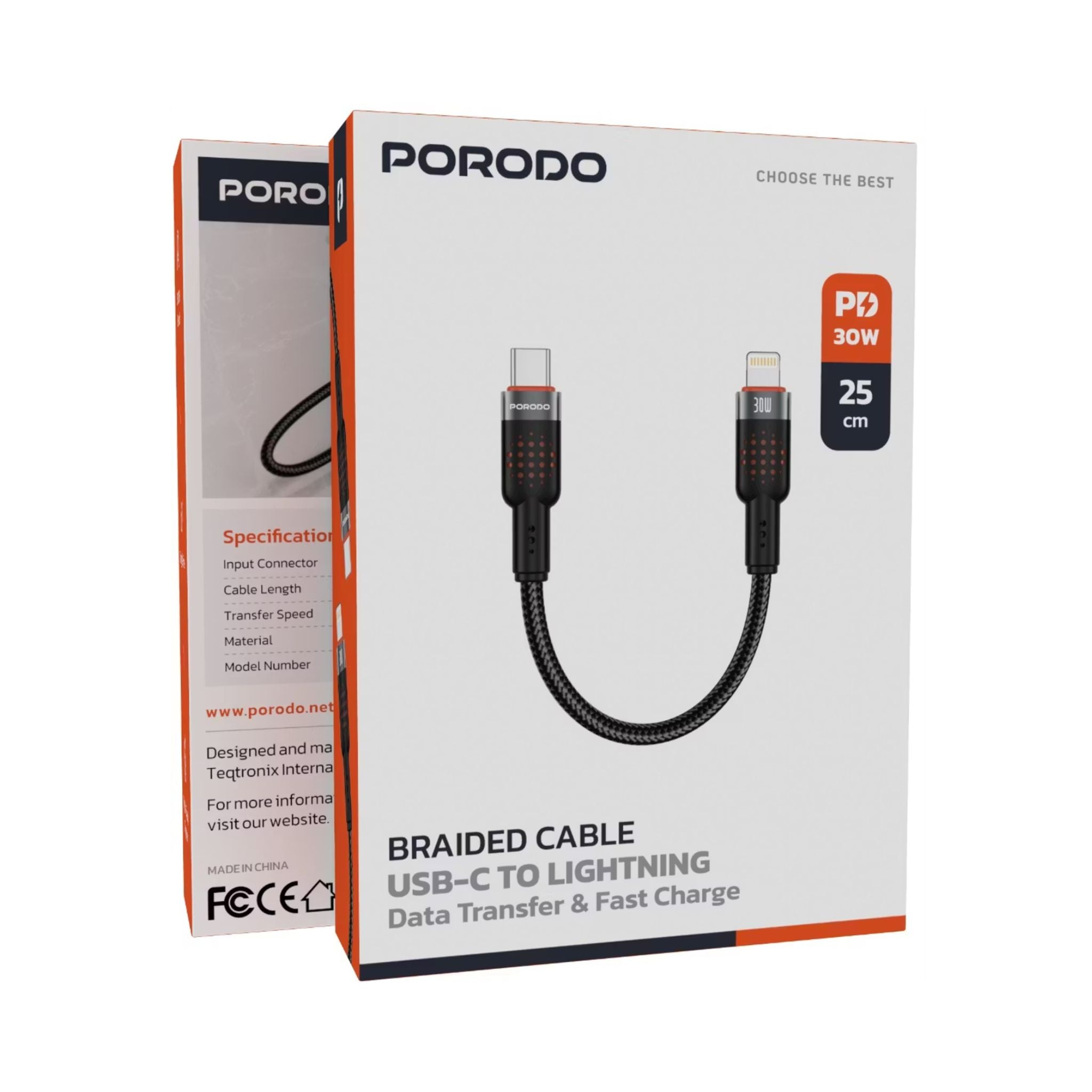 Porodo Aluminum Alloy Braided Cable Type-C to Lightning with 25cm Cable Length, PD 30W, 480Mbps Transfer Speed, more than 15000 Bends Life Span, Tangle Free - Black