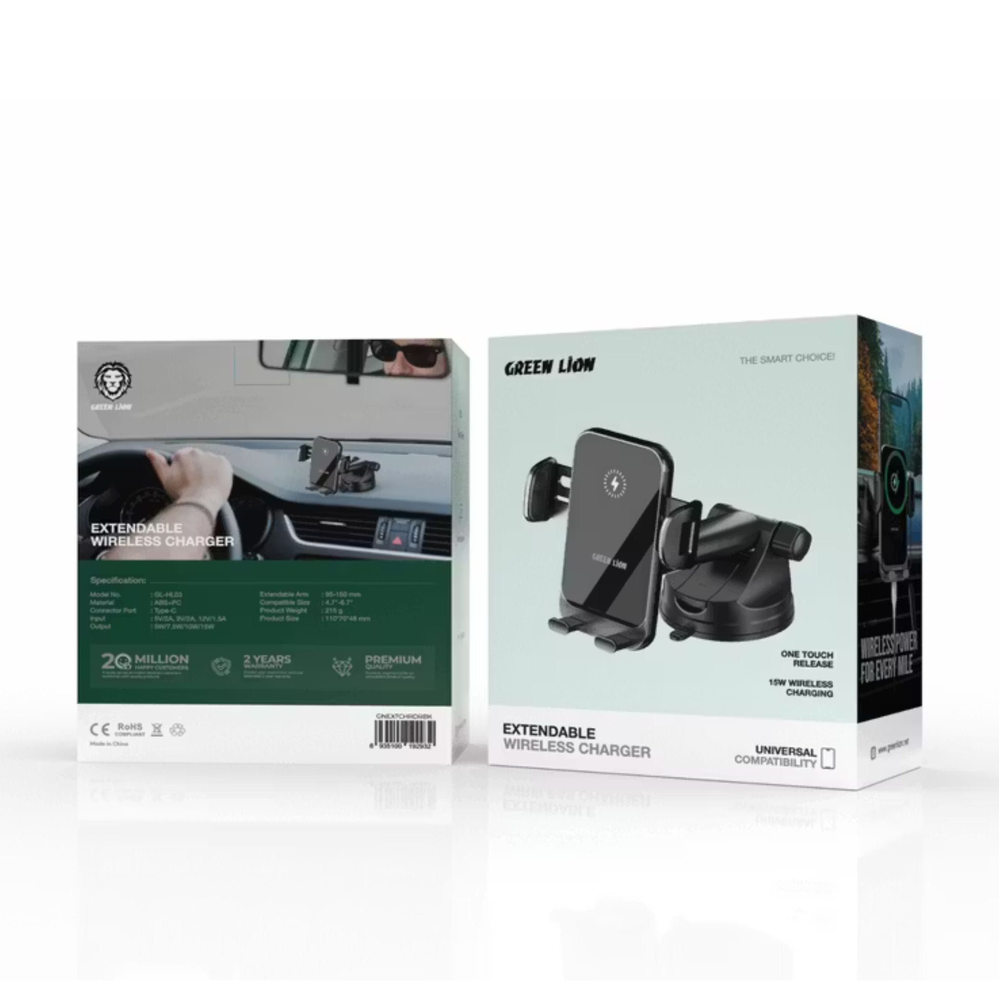 Green Lion Extendable Wireless Charger, Lightweight, One Touch Release, Easy Installation, Type-C Connector Port, Extendable Arm from 95 to 150mm, Compatible with 4.7" - 6.7" Devices, 15W Wireless Charging - Black