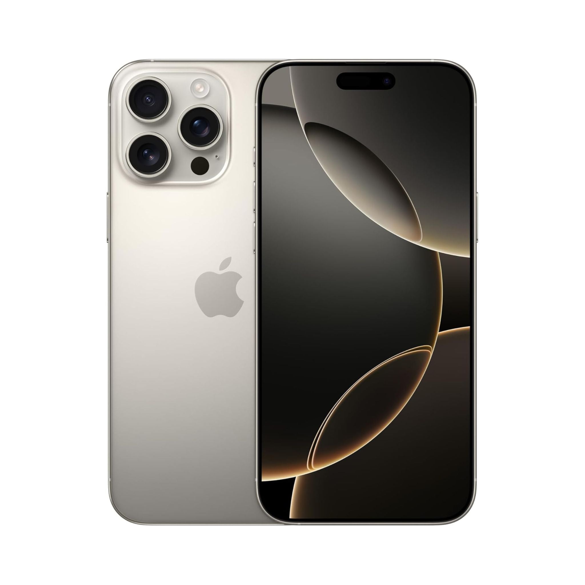 Apple smartphone showing front and back on a white background