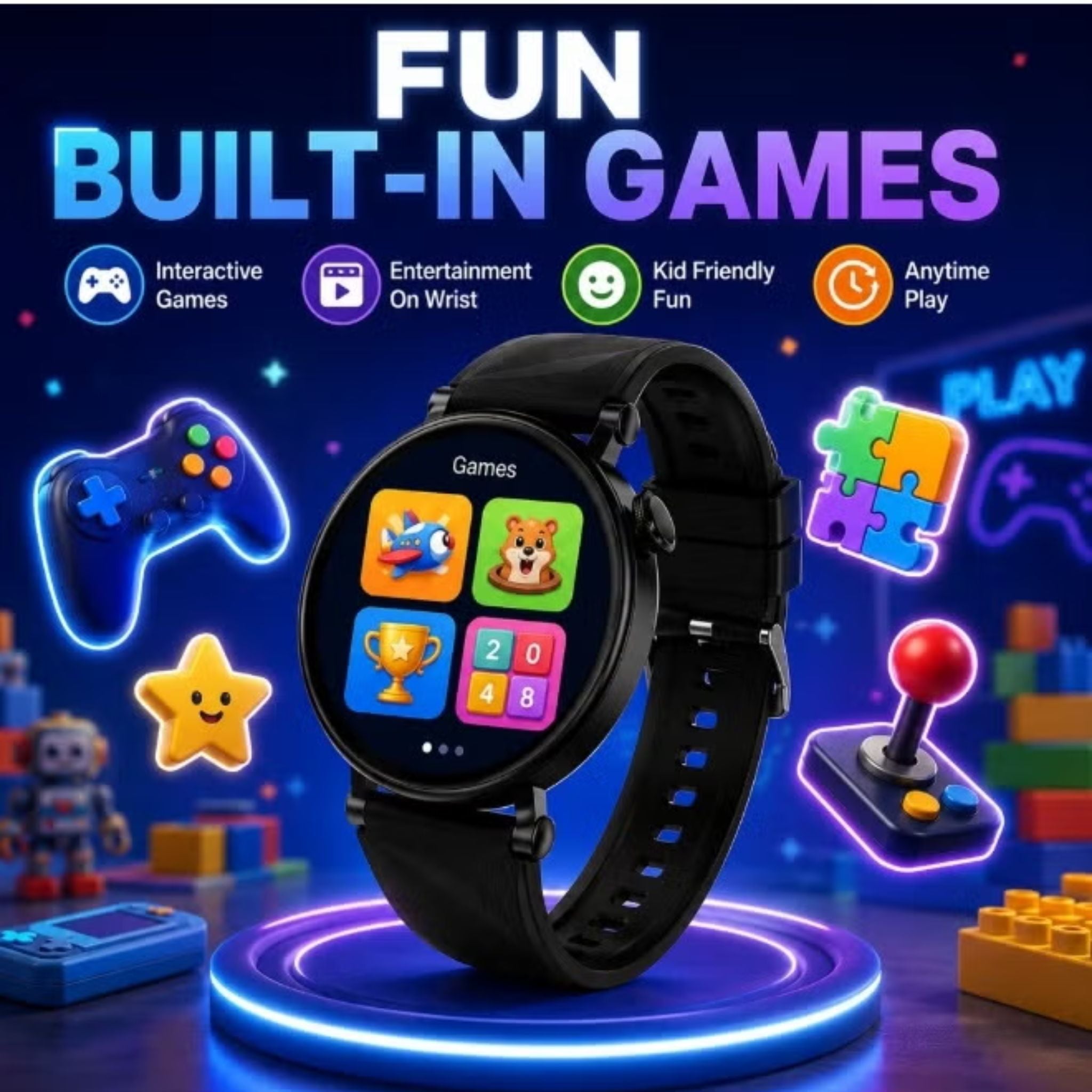 MR-73 Kids Smart Watch for Boys Bluetooth Calling Fitness Sleep Monitor HD Round Display - Black