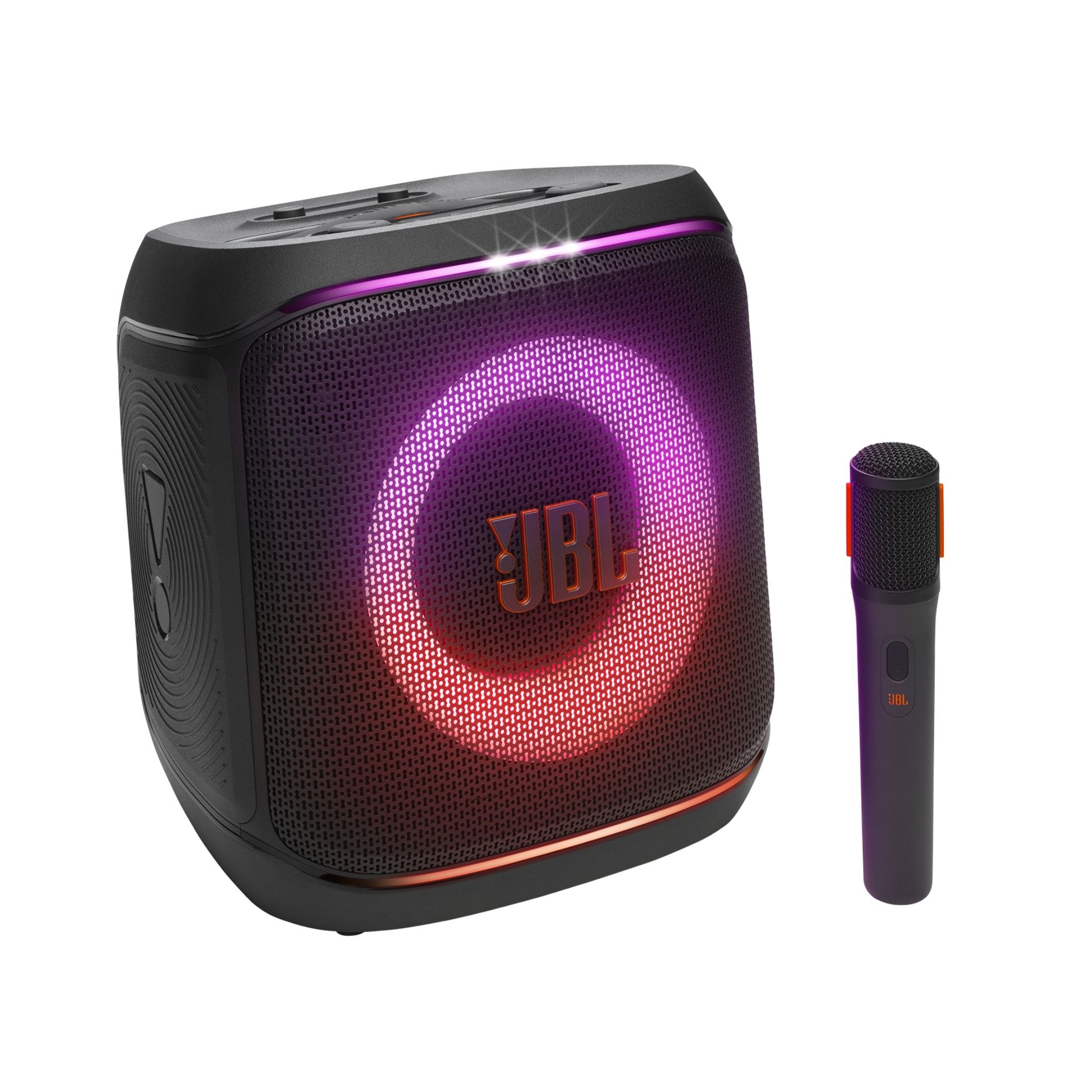 JBL speaker with a wireless microphone on a white background