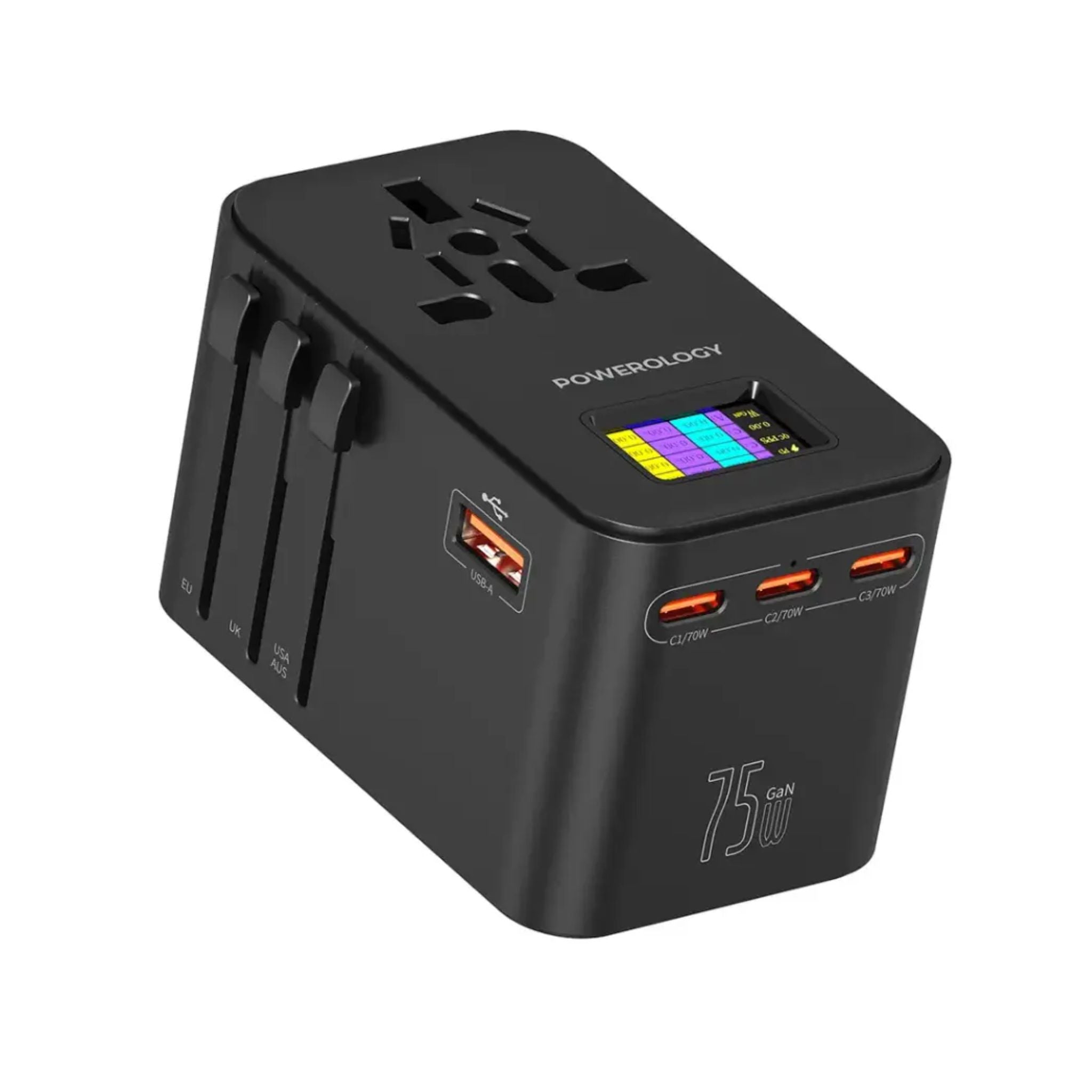 Powerology GaN 75W Universal Charger with Real-Time Power Display, 3× USB-C & 1× USB-A Ports, PD 70W Fast Charging, GaN Technology, 100–250V Input, Laptop & Multi-Device Fast Charger – Black