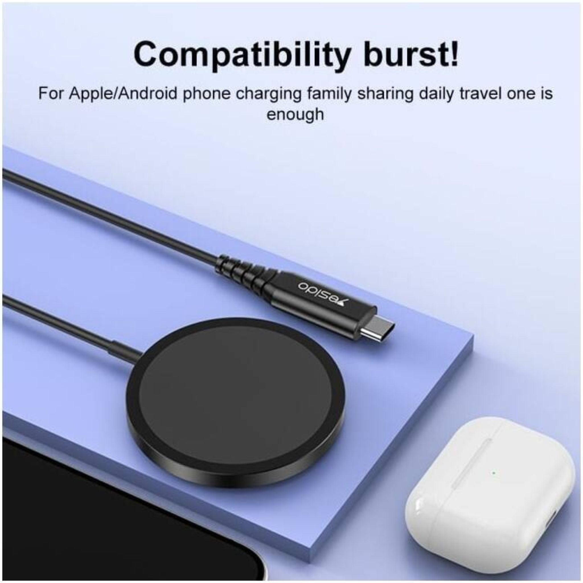 Yesido DS21 Wireless Charger, 15W Fast Charging, N52 Strong Magnets, 360° At Will, Support iPhone Charging, USB-C Charging Interface, Black