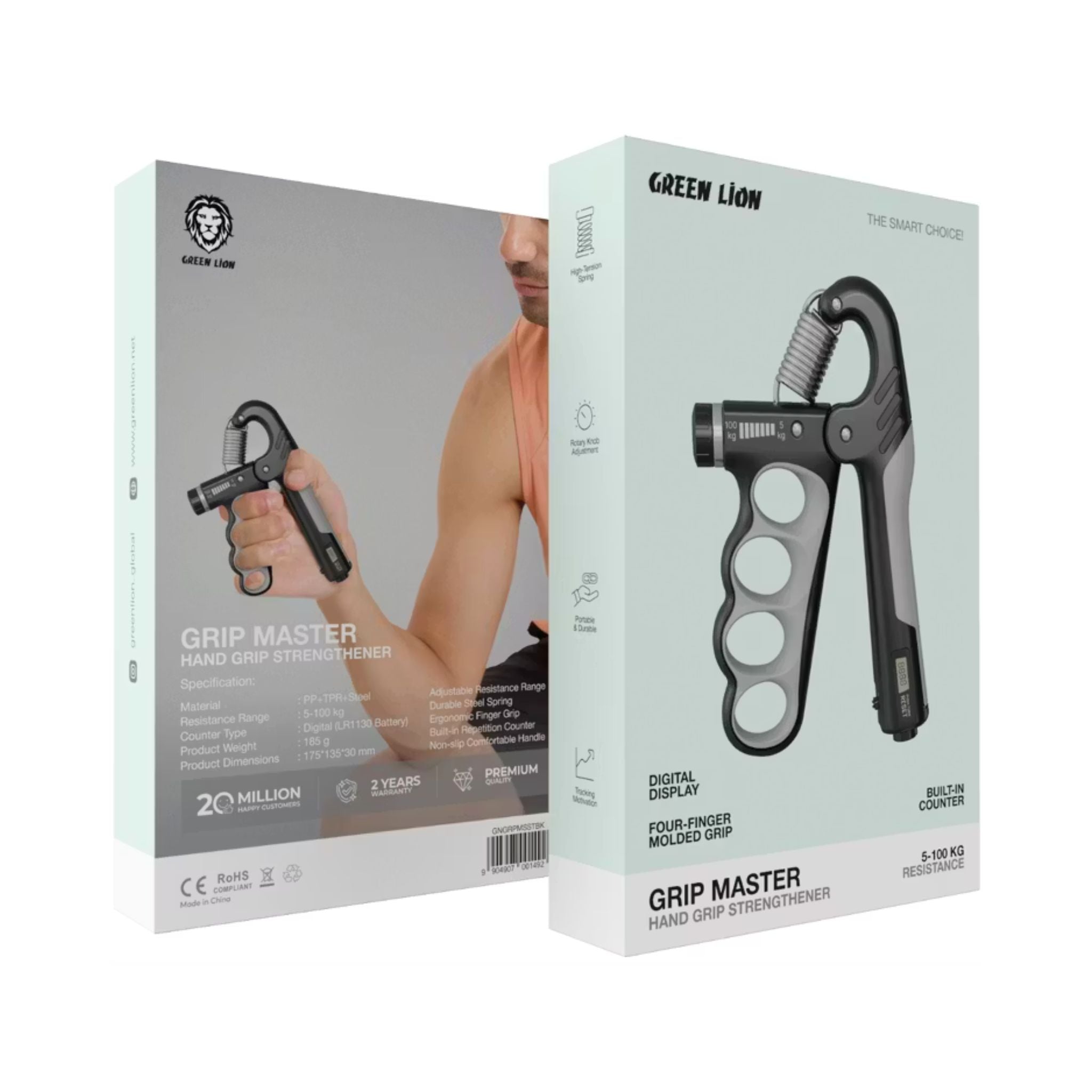 Green Lion Grip Master Hand Grip Strengthener with 5-100kg Resistance Range, Tracking Motivation, Rotary Knob Adjustment, High-Tension Spring, Portable & Durable - Black