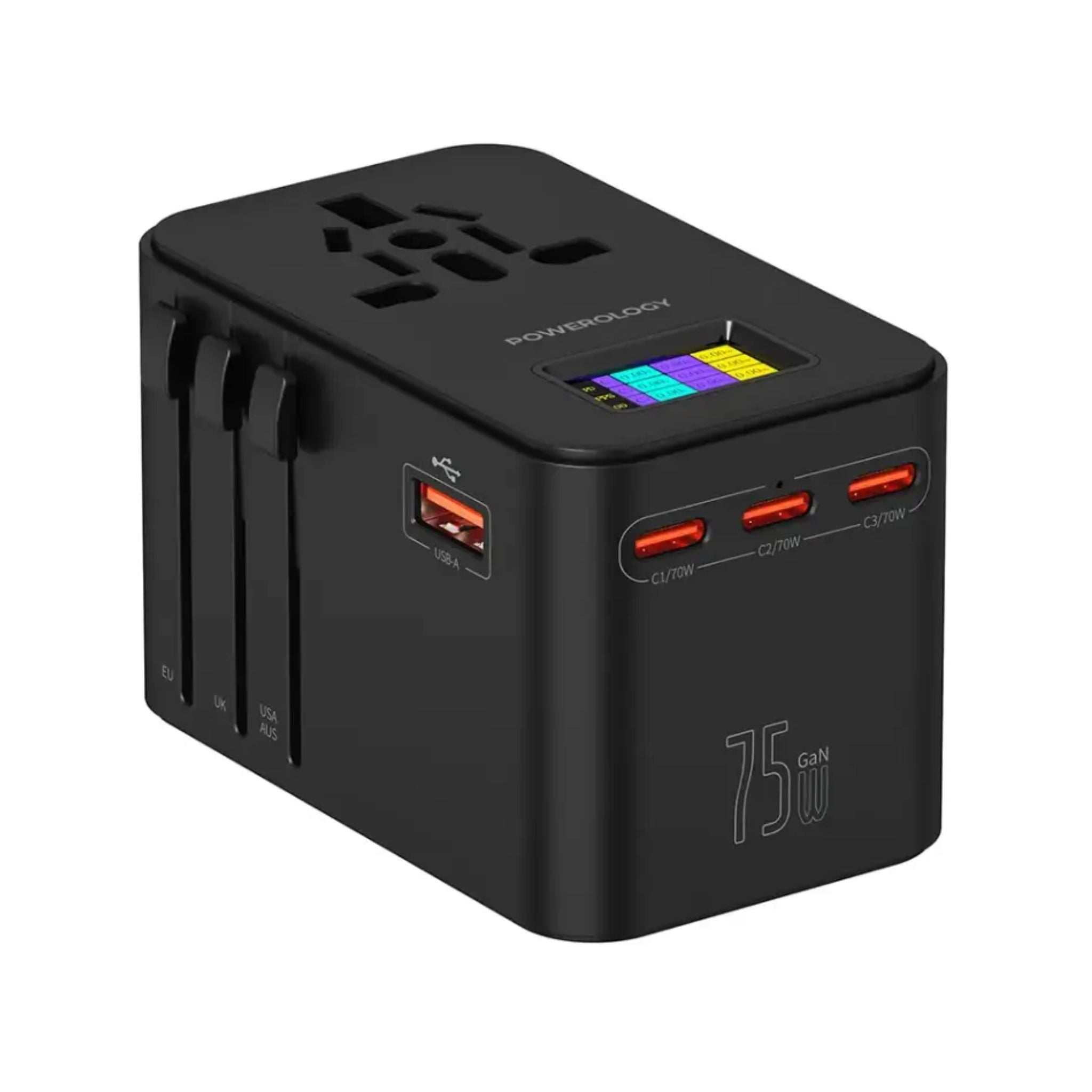 Powerology GaN 75W Universal Charger with Real-Time Power Display, 3× USB-C & 1× USB-A Ports, PD 70W Fast Charging, GaN Technology, 100–250V Input, Laptop & Multi-Device Fast Charger – Black