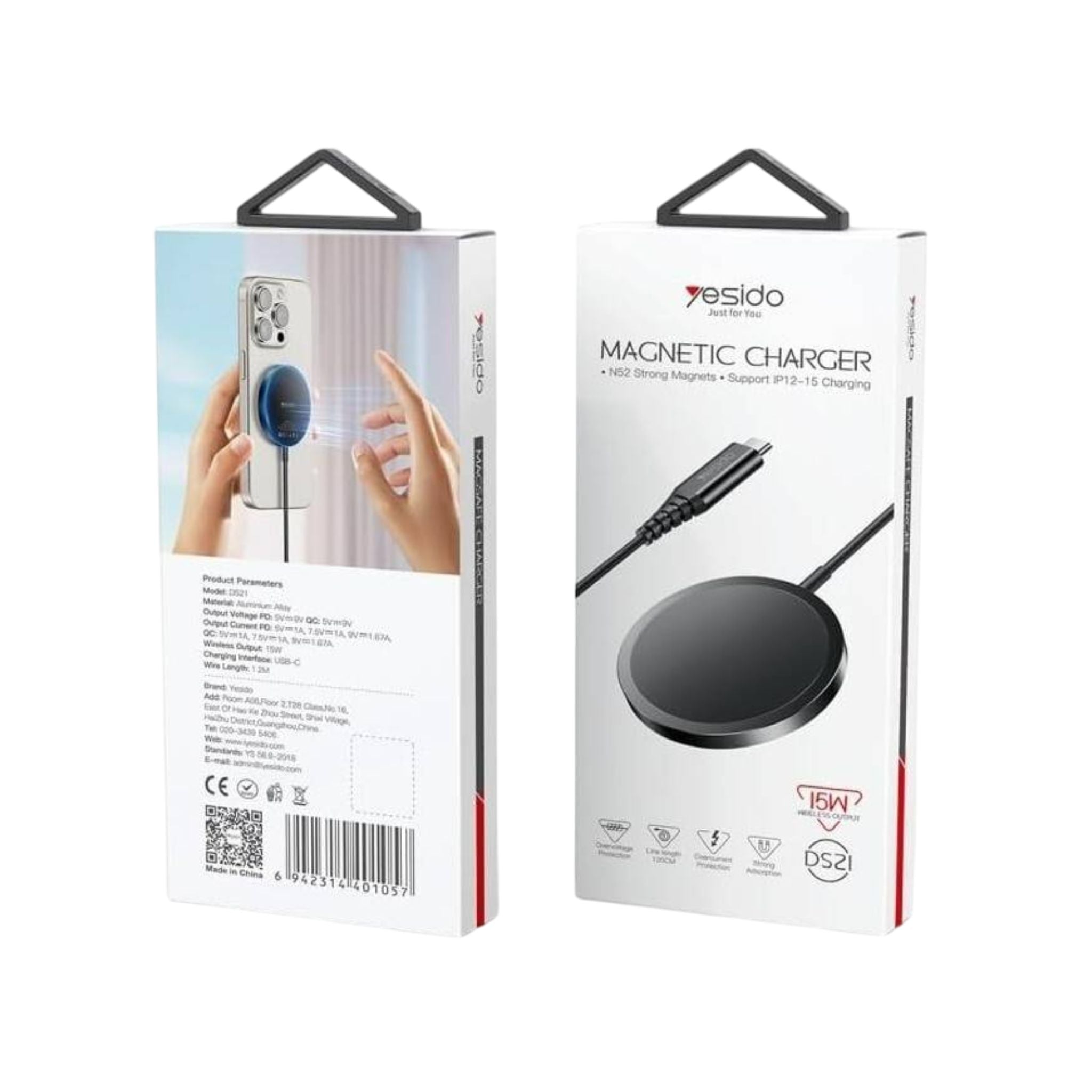 Yesido DS21 Wireless Charger, 15W Fast Charging, N52 Strong Magnets, 360° At Will, Support iPhone Charging, USB-C Charging Interface, Black