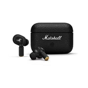 Black Marshall wireless earbuds with charging case on a white background