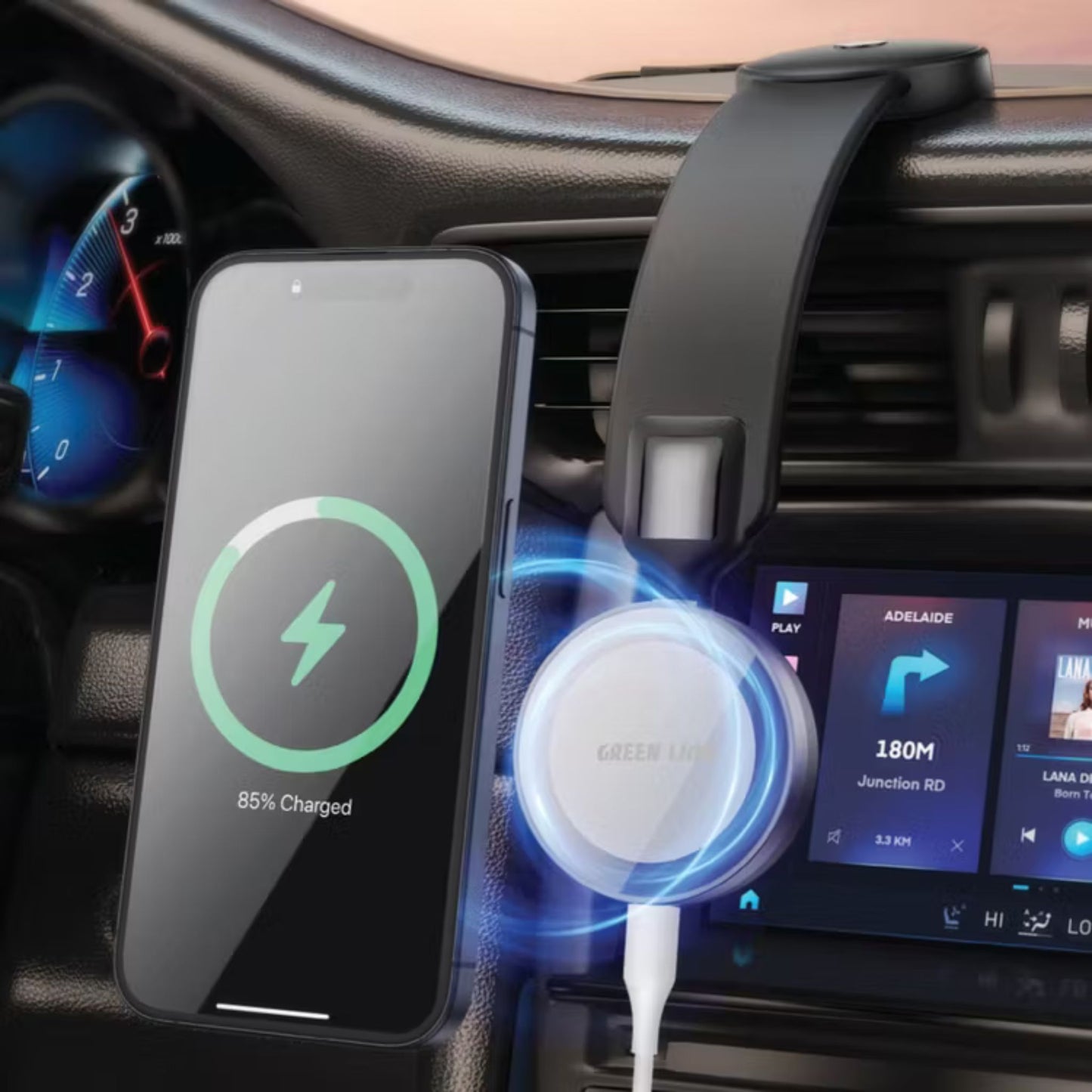 Green Lion Flexi Mag Pro Car Phone Holder, Lightweight, 360° Rotation, Flexible Design, Type-C Connector Port, Easy Installation, Power Delivery Up to 15W - Black