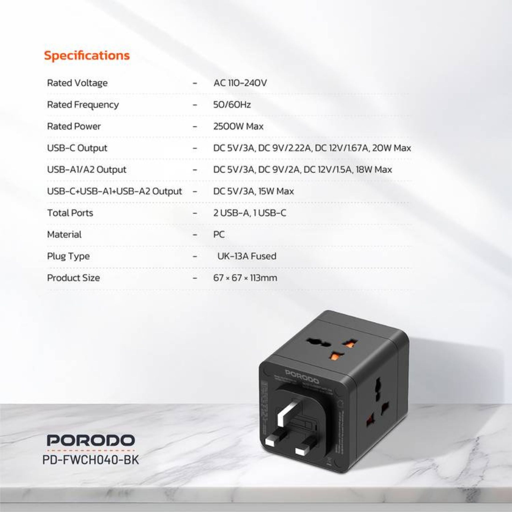 Porodo 4-AC Universal Power Block Adapter with USB-C & Dual USB-A Ports, Fast Charge, 20W Power Delivery, Built-in Safeguards, Simultaneous Charging, 2500W Rated Power - Black