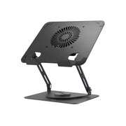 Black laptop stand with fan on a white background